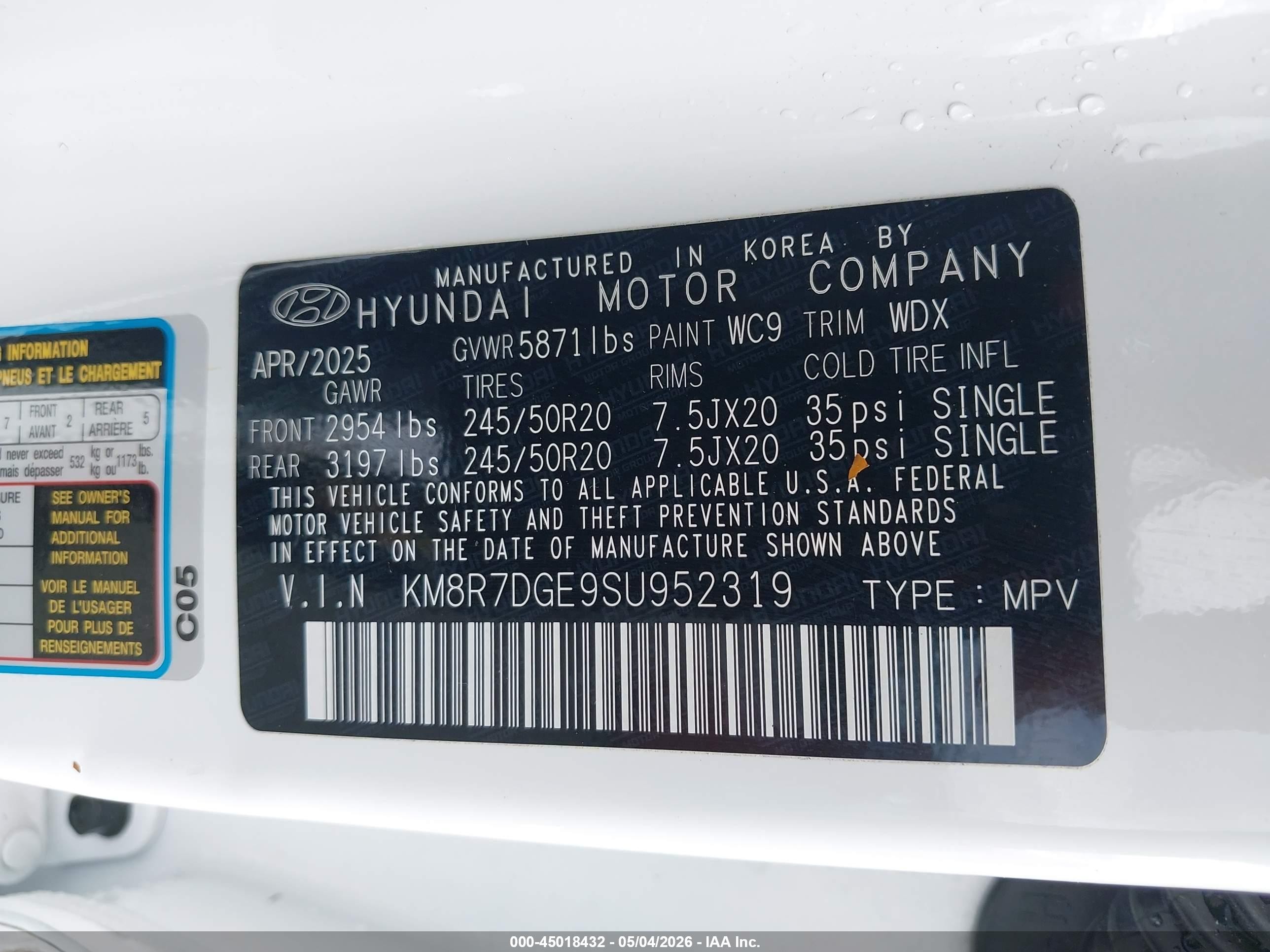 2025 Hyundai Palisade VIN KM8R7DGE9SU952319 IAAI salvage auction — Side, Salvage (Oregon), sold $9,950 on 2026-07-02 (photo 9)