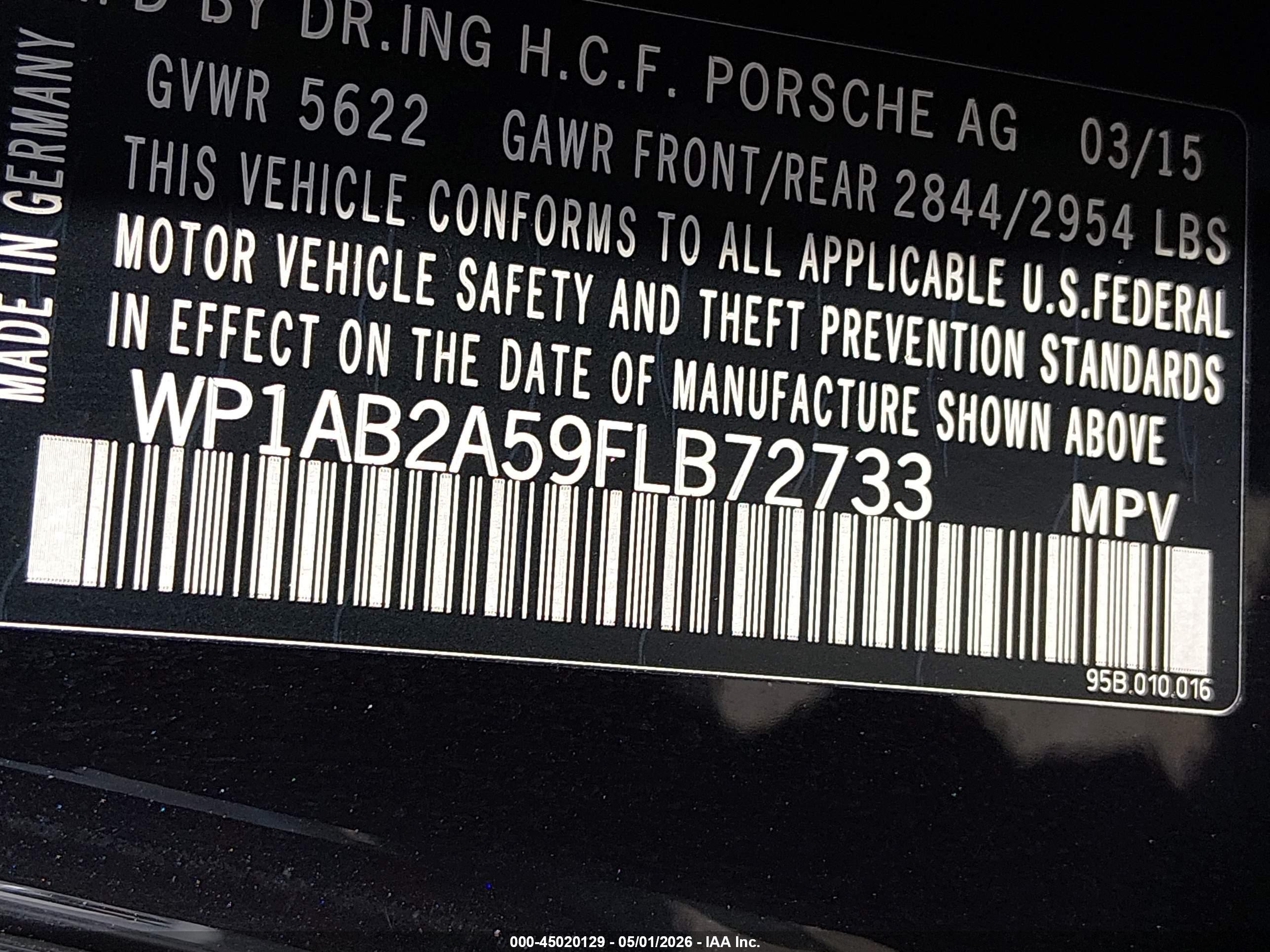 2015 Porsche Macan VIN WP1AB2A59FLB72733 IAAI salvage auction — Normal Wear, Clear-Dealer Only (Montana), sold $7,550 on 2026-07-02 (photo 9)