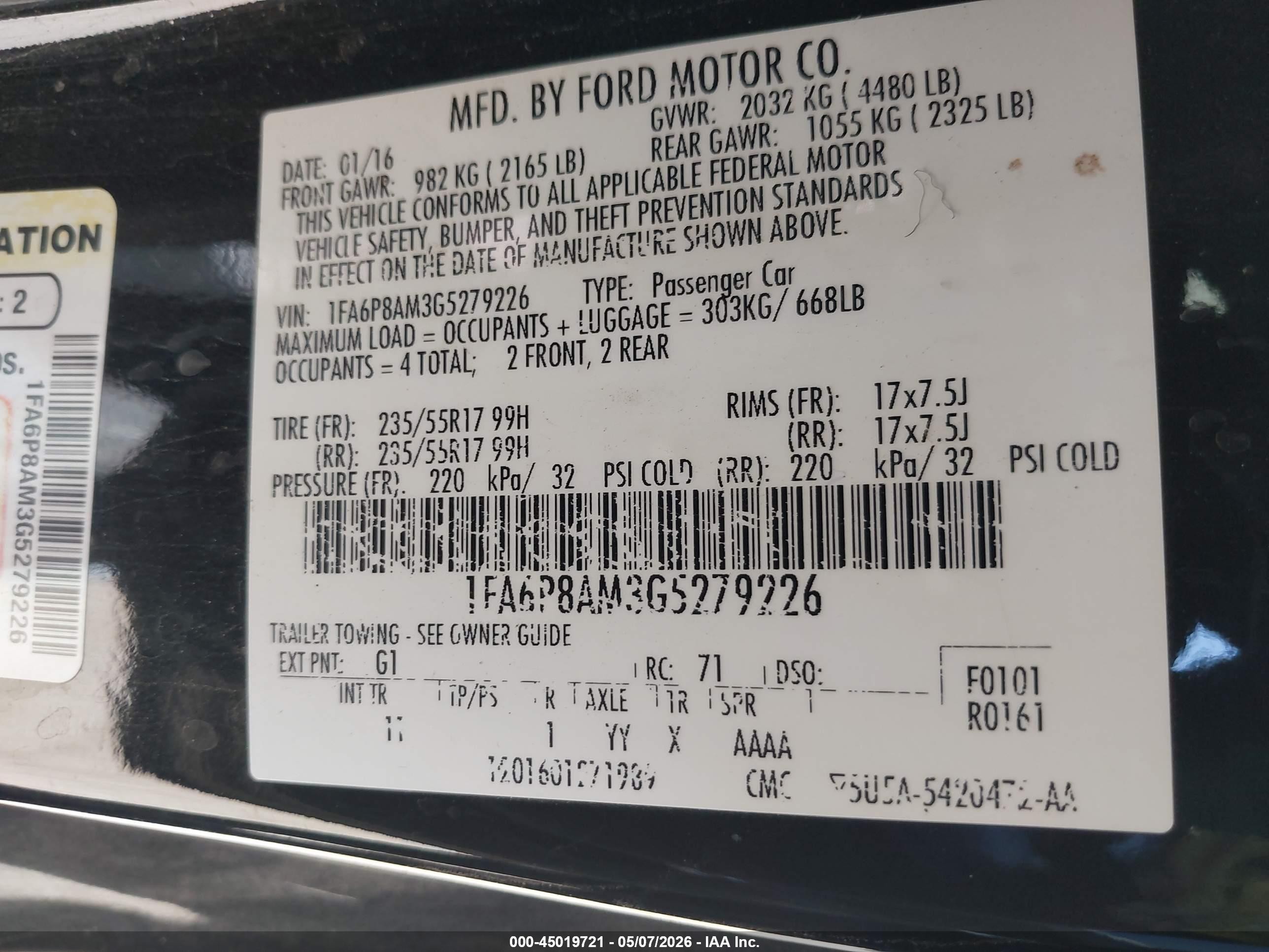 2016 Ford Mustang VIN 1FA6P8AM3G5279226 IAAI salvage auction — Front End, Salvage (California), sold $2,850 on 2026-07-11 (photo 9)