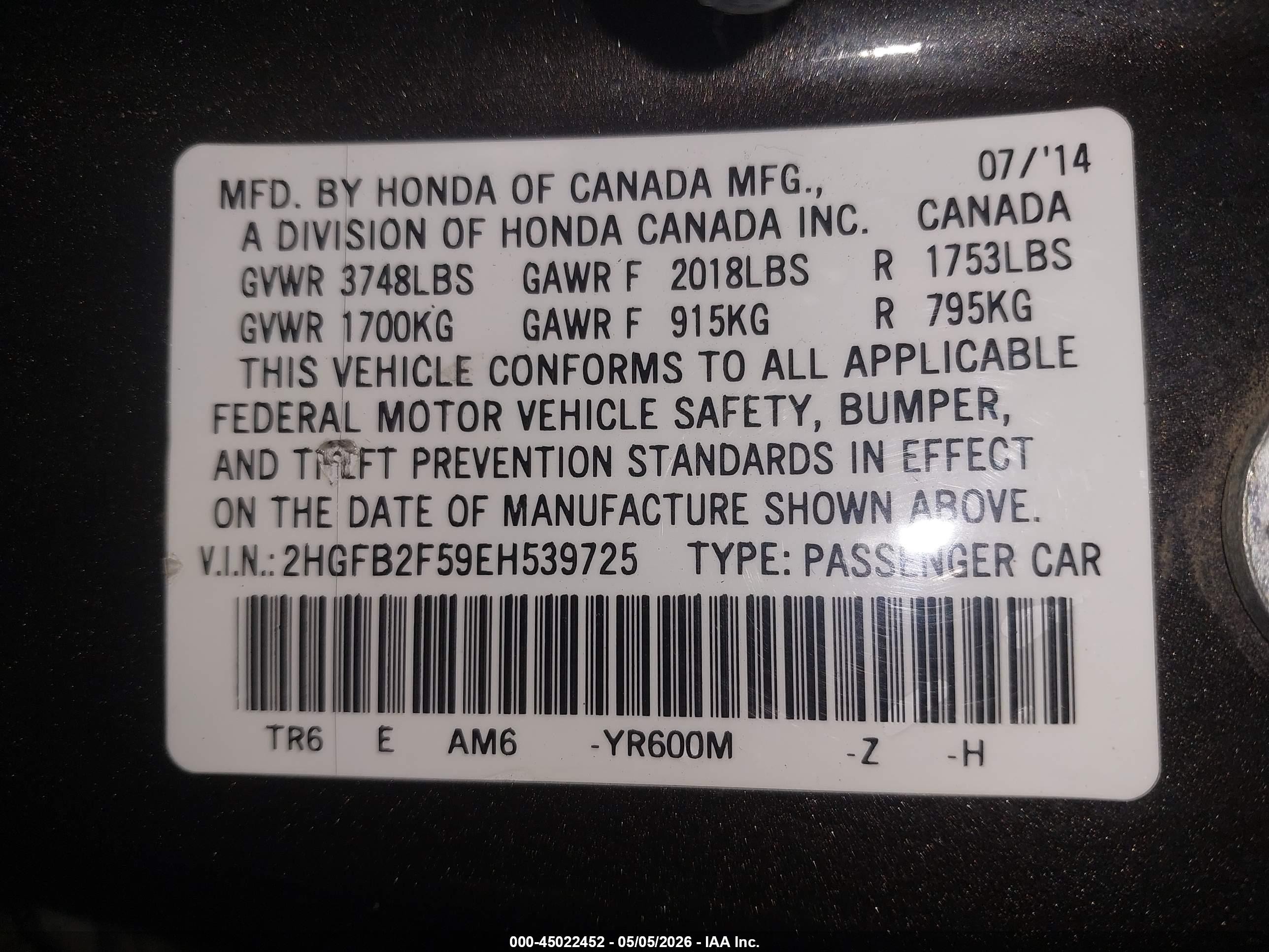 2014 Honda Civic VIN 2HGFB2F59EH539725 IAAI salvage auction — Rear End, Salvage (Idaho), sold $1,350 on 2026-07-09 (photo 9)