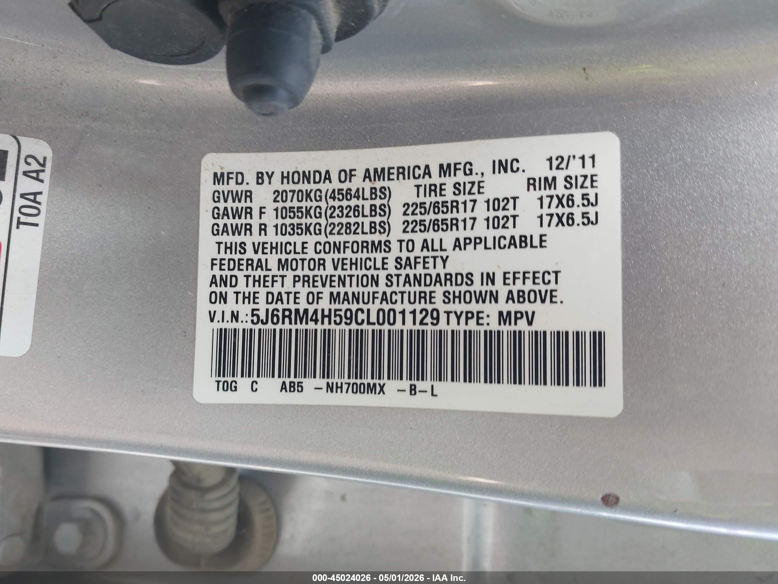 2012 Honda CR-V VIN 5J6RM4H59CL001129 IAAI salvage auction — Front End, Salvage (Oregon), sold $925 on 2026-07-02 (photo 9)