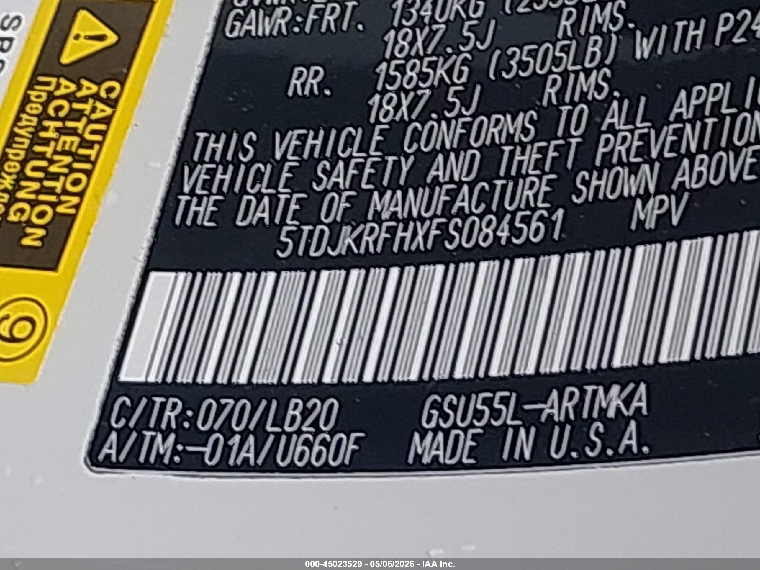 2015 Toyota Highlander VIN 5TDJKRFHXFS084561 IAAI salvage auction — Front & Rear, Mv-907A (New York), sold $6,800 on 2026-07-10 (photo 9)