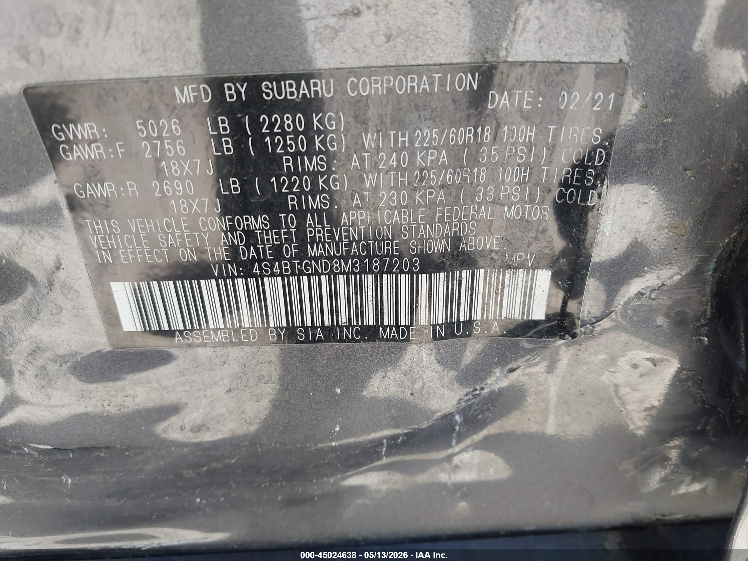 2021 Subaru Outback VIN 4S4BTGND8M3187203 IAAI salvage auction — Side, Salvage (Nevada), sold $7,350 on 2026-07-06 (photo 9)