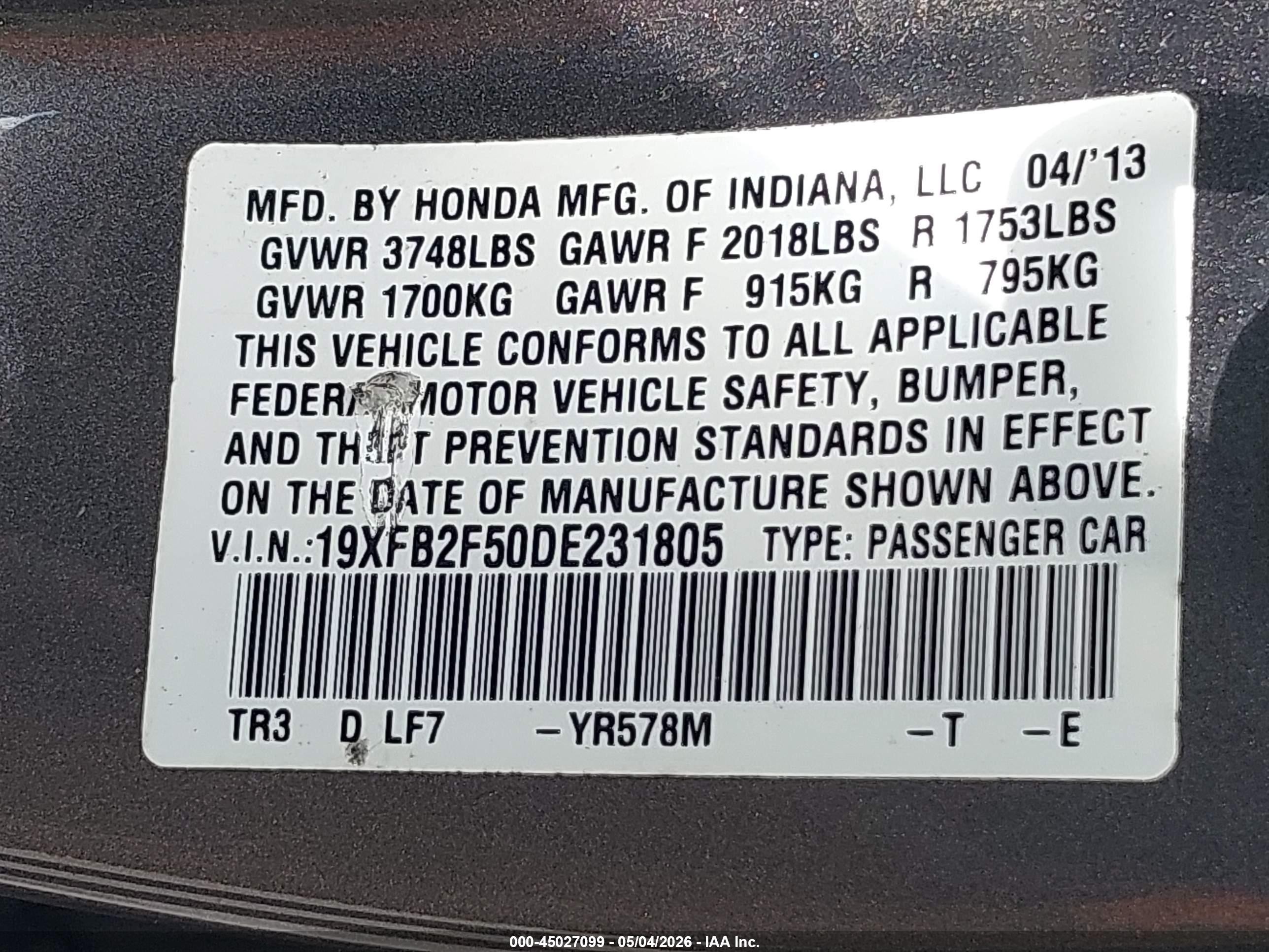 2013 Honda Civic VIN 19XFB2F50DE231805 IAAI salvage auction — Rear End, Salvage (Oregon), sold $1,675 on 2026-07-09 (photo 9)