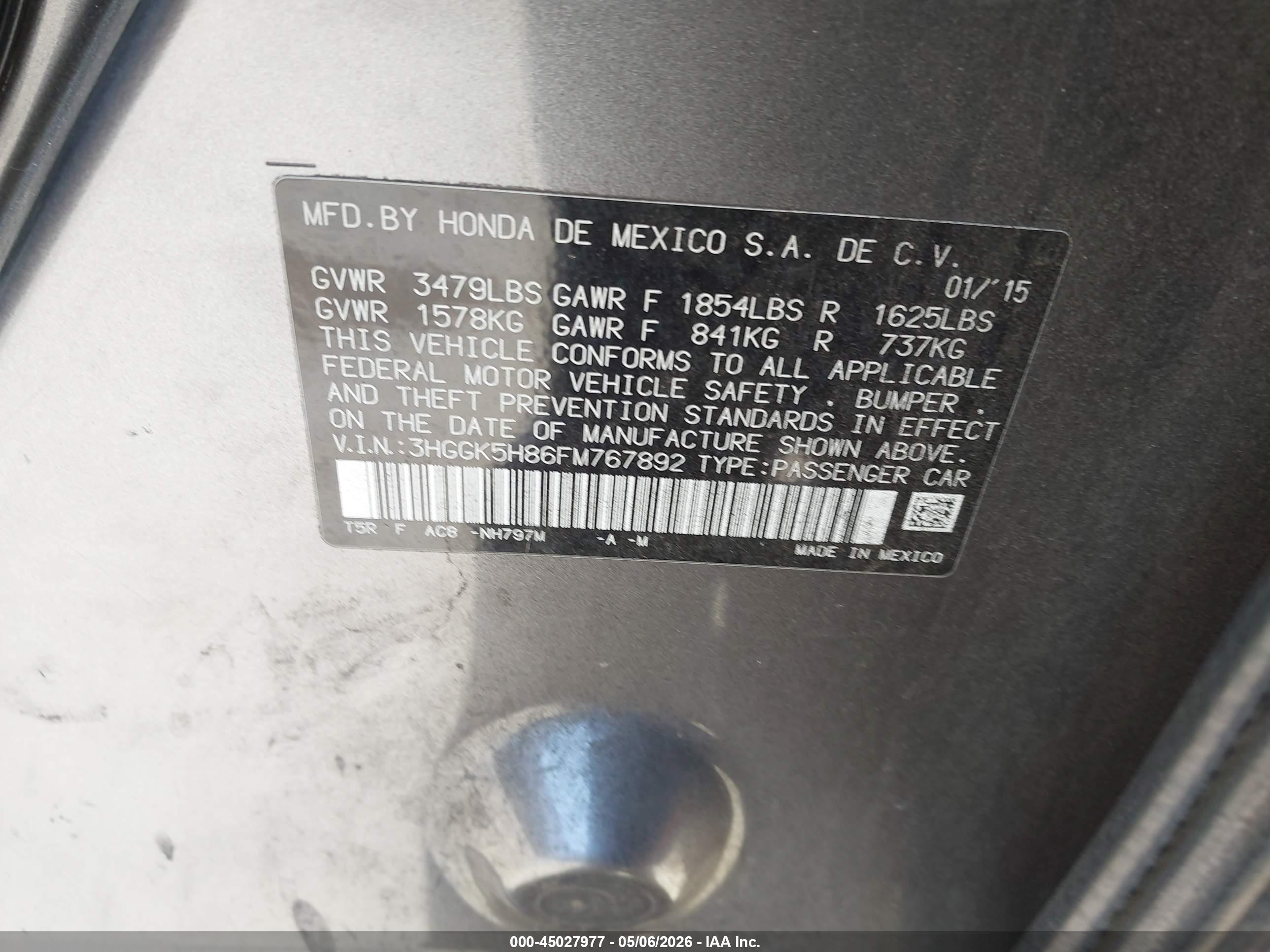 2015 Honda Fit VIN 3HGGK5H86FM767892 IAAI salvage auction — Front End, Salvage (California), sold $800 on 2026-07-02 (photo 9)