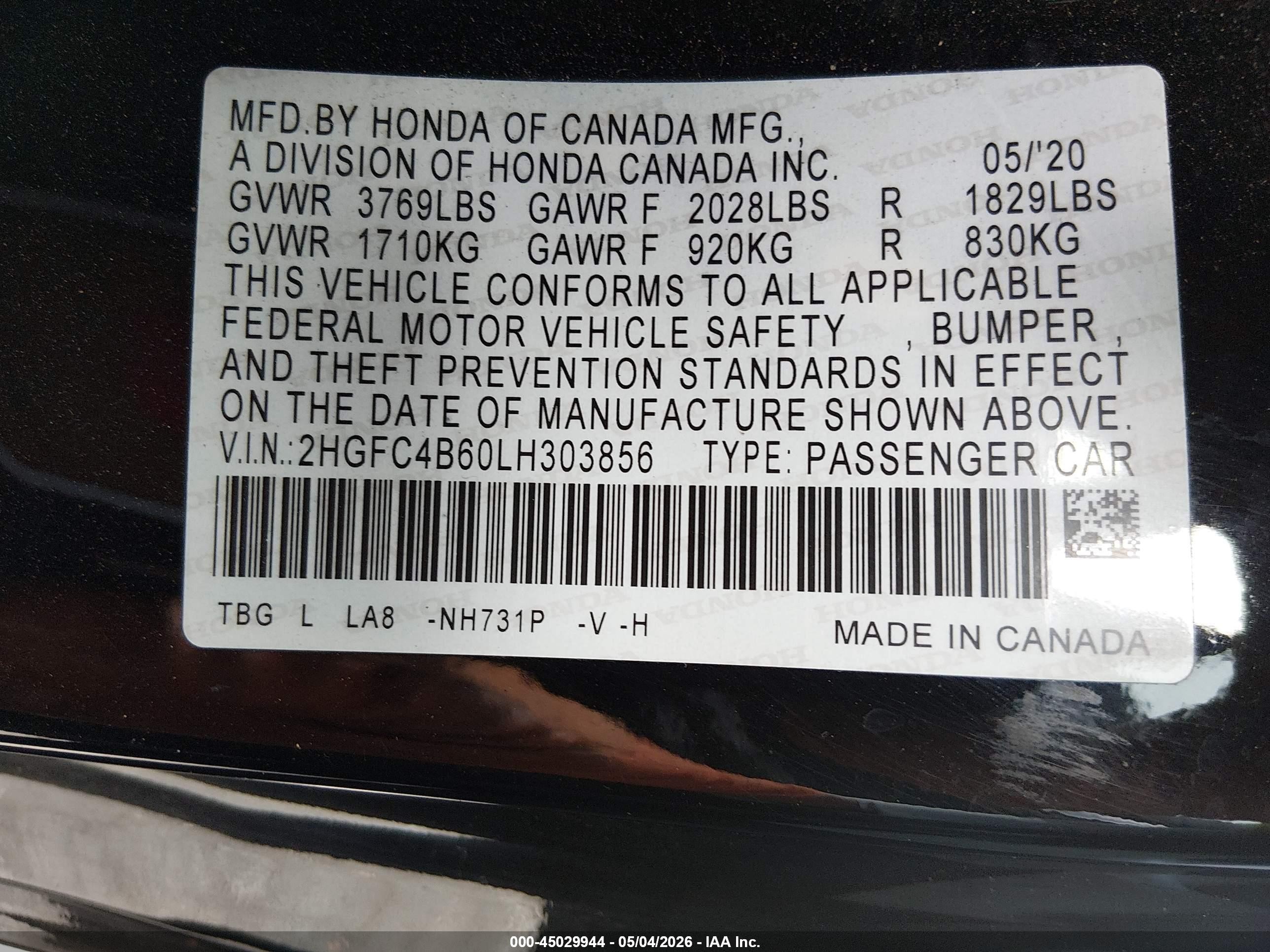 2020 Honda Civic VIN 2HGFC4B60LH303856 IAAI salvage auction — Front End, Salvage (California), sold $3,400 on 2026-07-02 (photo 9)