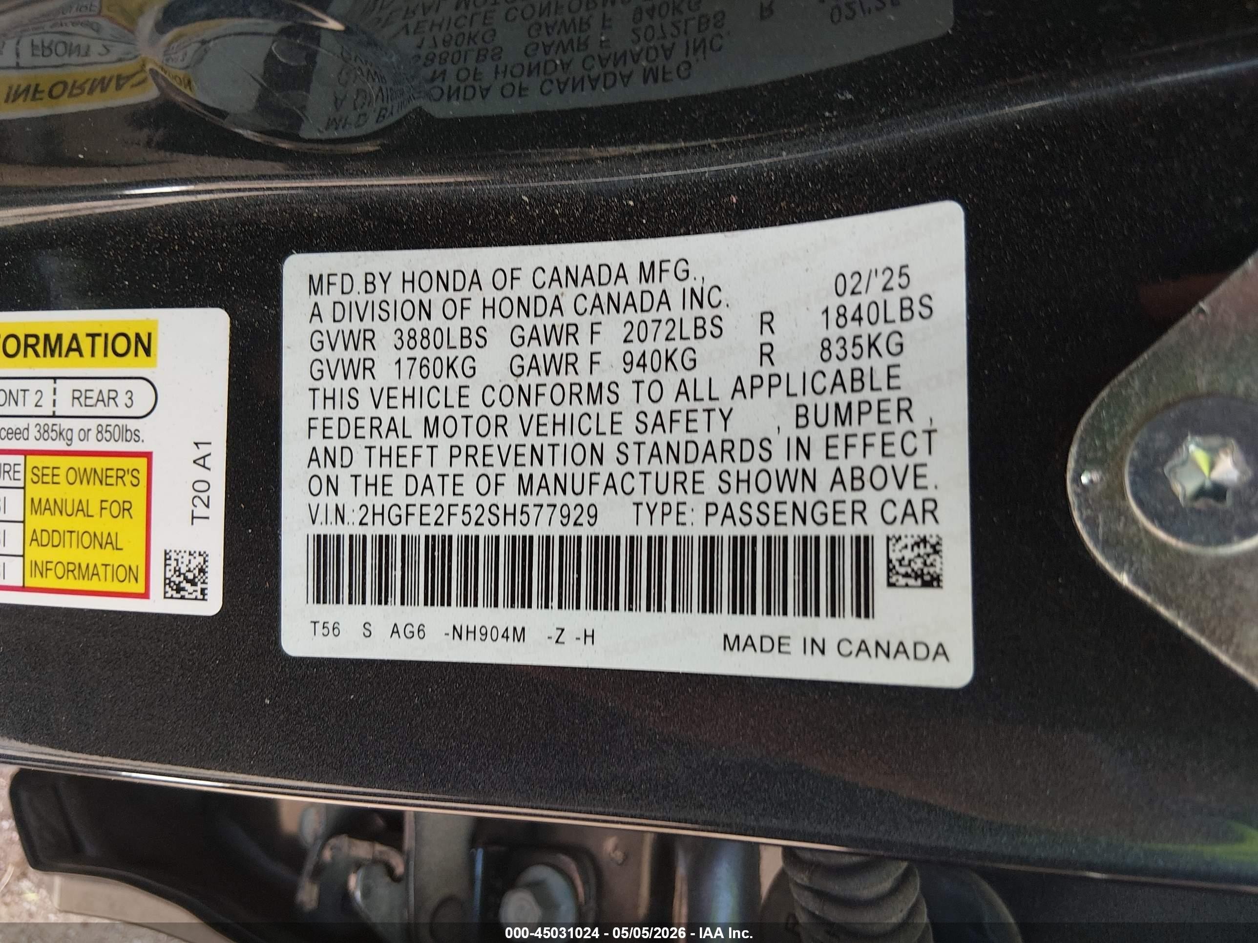 2025 Honda Civic VIN 2HGFE2F52SH577929 IAAI salvage auction — Unknown, Salvage (Arizona), sold $7,000 on 2026-07-03 (photo 9)