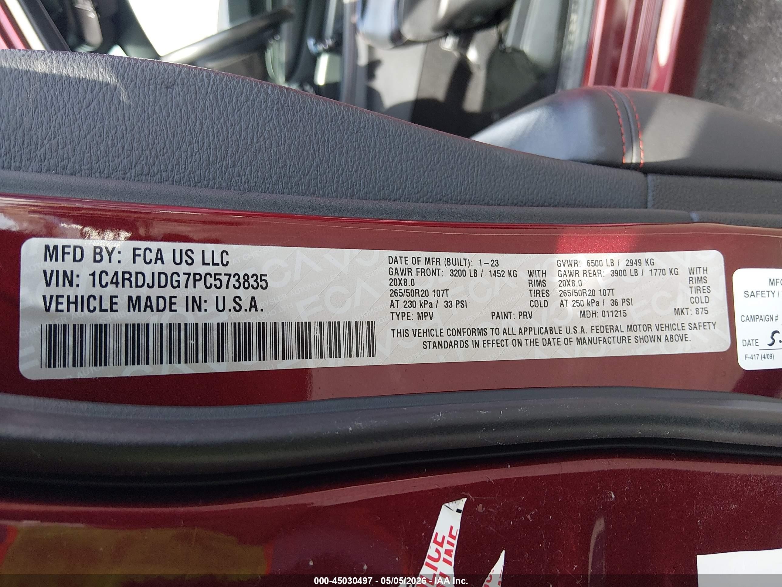 2023 Dodge Durango VIN 1C4RDJDG7PC573835 IAAI salvage auction — Side, Salvage (Nevada), sold $7,650 on 2026-07-10 (photo 9)