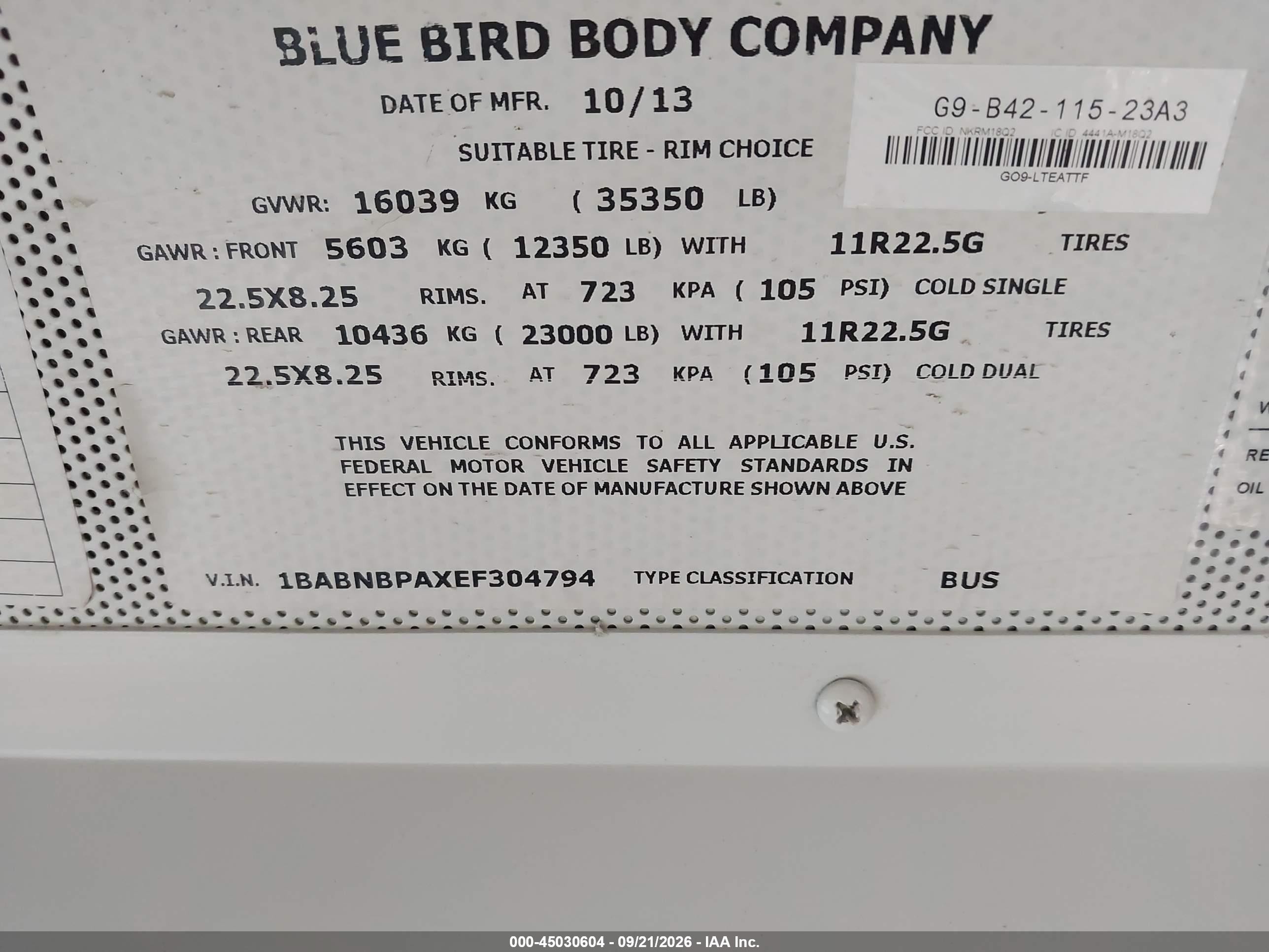 2014 Blue Bird School Bus / Transit Bus VIN 1BABNBPAXEF304794 IAAI salvage auction — Normal Wear, Sf97 (Texas), sold $20,100 on 2026-10-07 (photo 9)