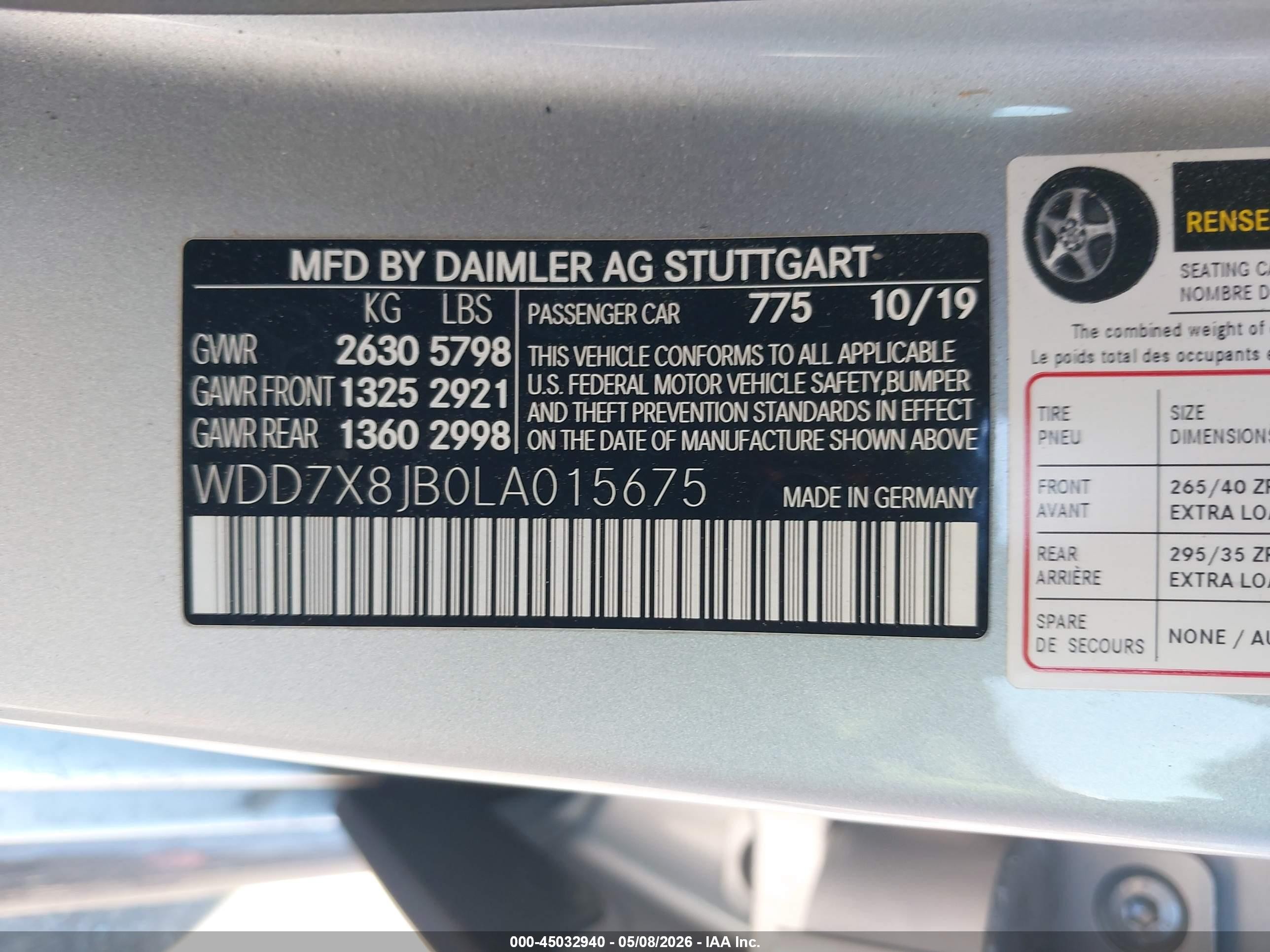 2020 Mercedes-Benz AMG-Class VIN WDD7X8JB0LA015675 IAAI salvage auction — Front End, Salvage (Massachusetts), sold $17,975 on 2026-08-25 (photo 9)