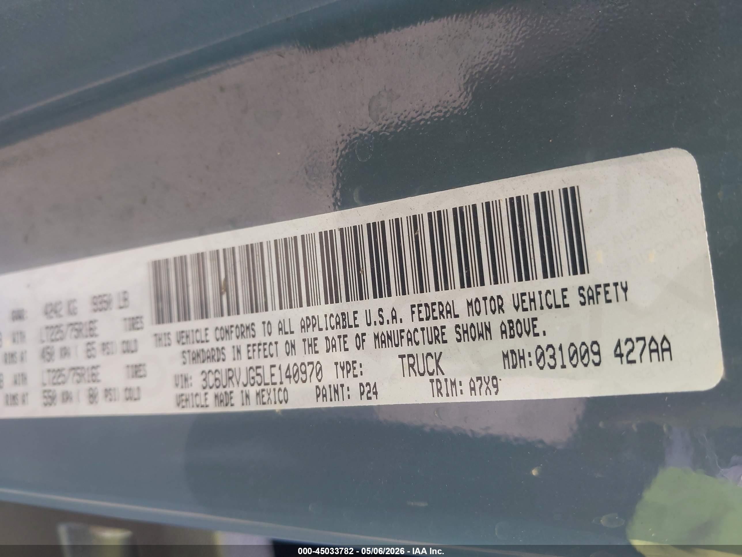 2020 Ram Promaster city VIN 3C6URVJG5LE140970 IAAI salvage auction — Front End, Certificate Of Destruction (Florida), sold $4,250 on 2026-06-30 (photo 9)