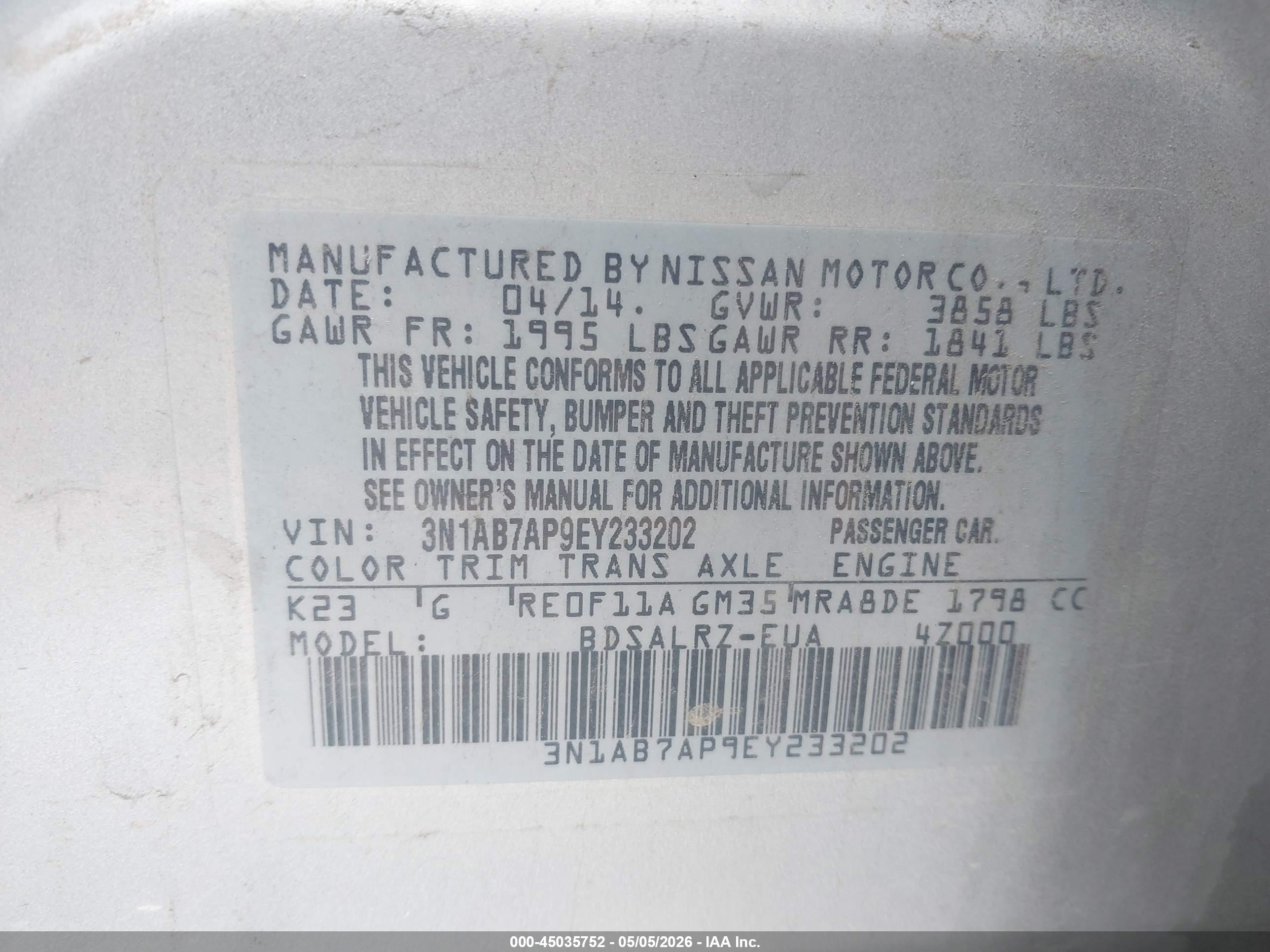 2014 Nissan Sentra VIN 3N1AB7AP9EY233202 IAAI salvage auction — Side, Salvage (Utah), sold $475 on 2026-09-14 (photo 9)
