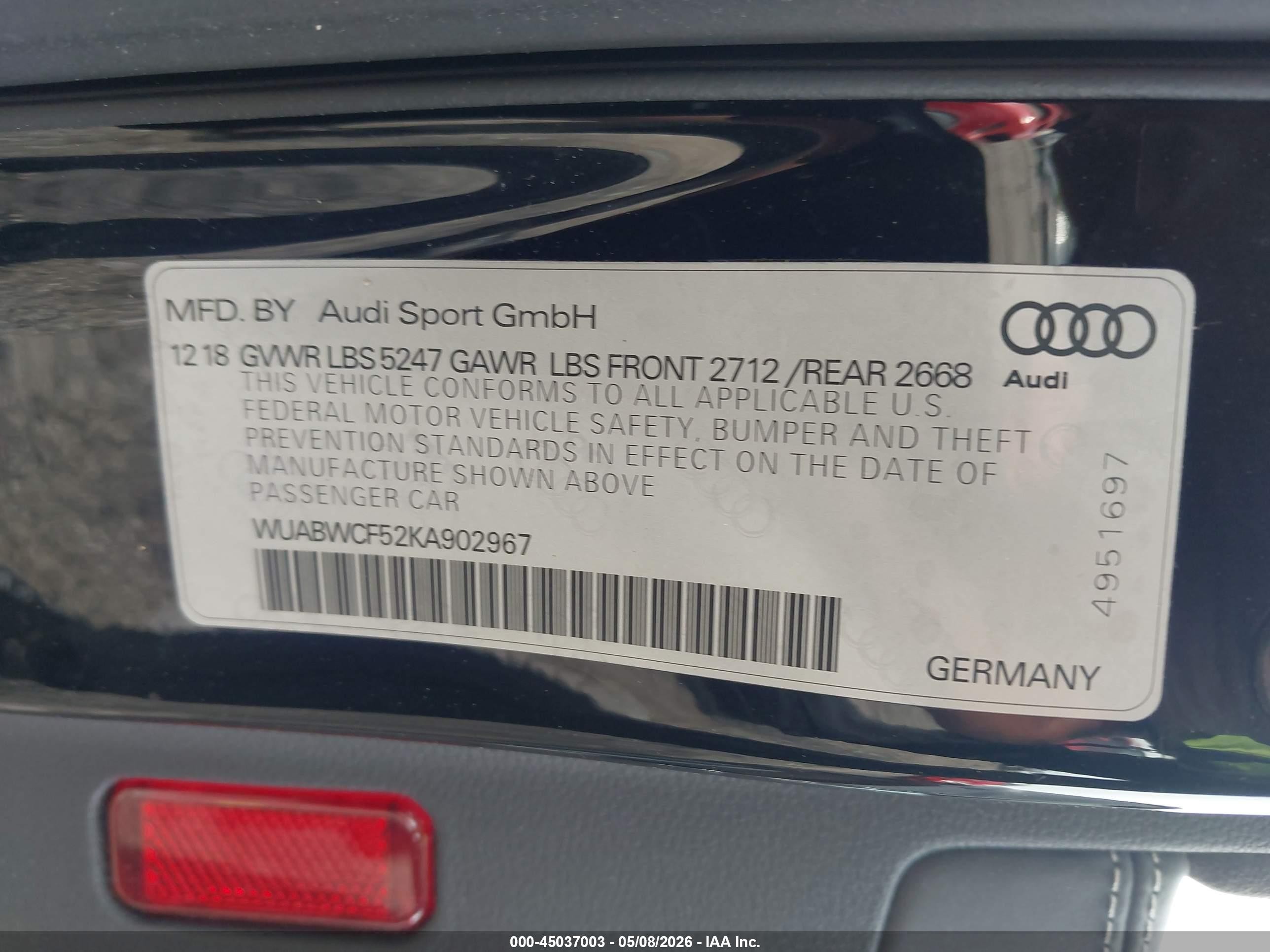 2019 Audi Rs5 VIN WUABWCF52KA902967 IAAI salvage auction — Rear End, Salvage (Georgia), sold $13,000 on 2026-09-06 (photo 9)