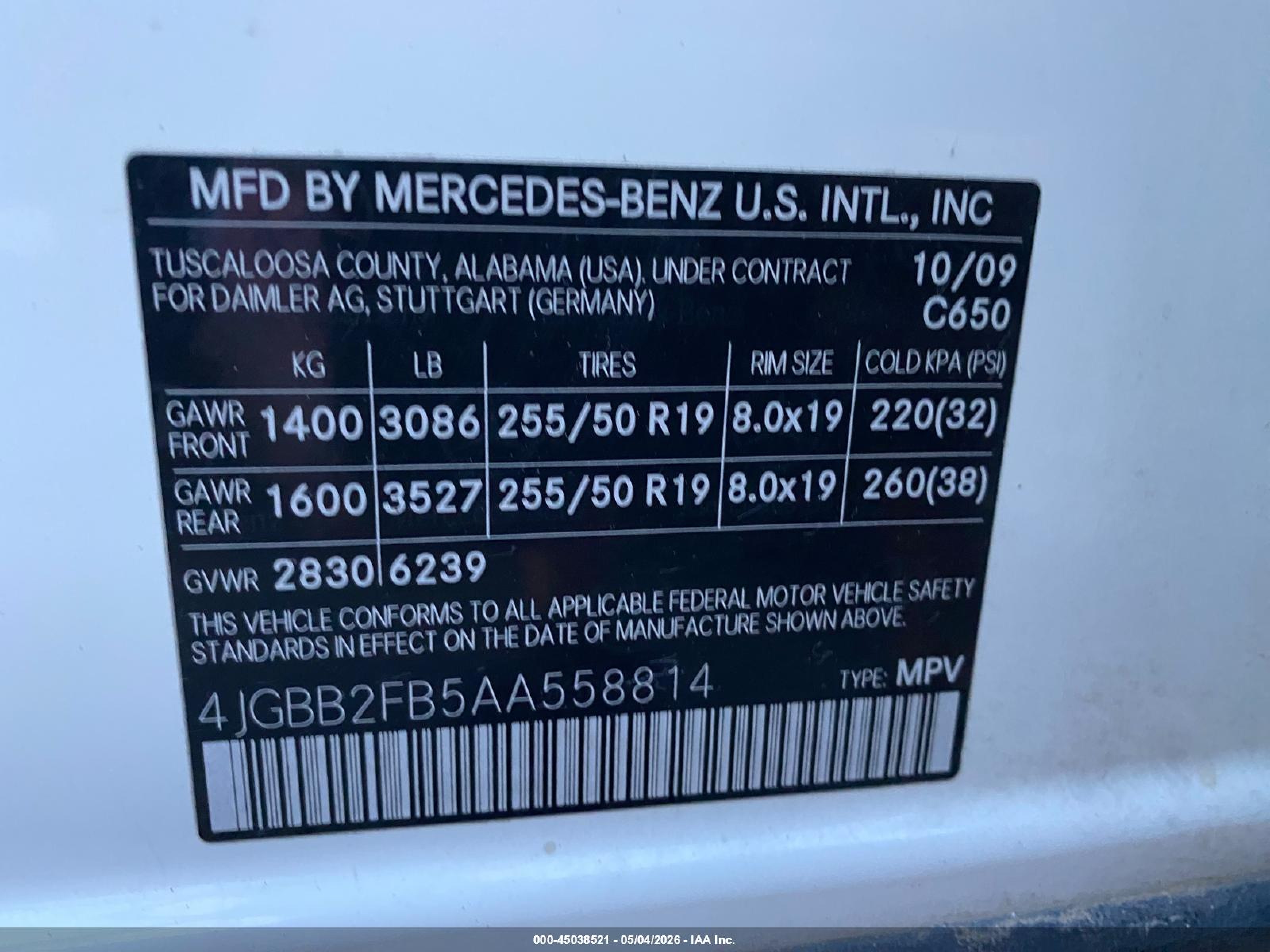 2010 Mercedes-Benz ML-Class VIN 4JGBB2FB5AA558814 IAAI salvage auction — Normal Wear, Clear - Dealer Only (California), sold $525 on 2026-07-09 (photo 9)