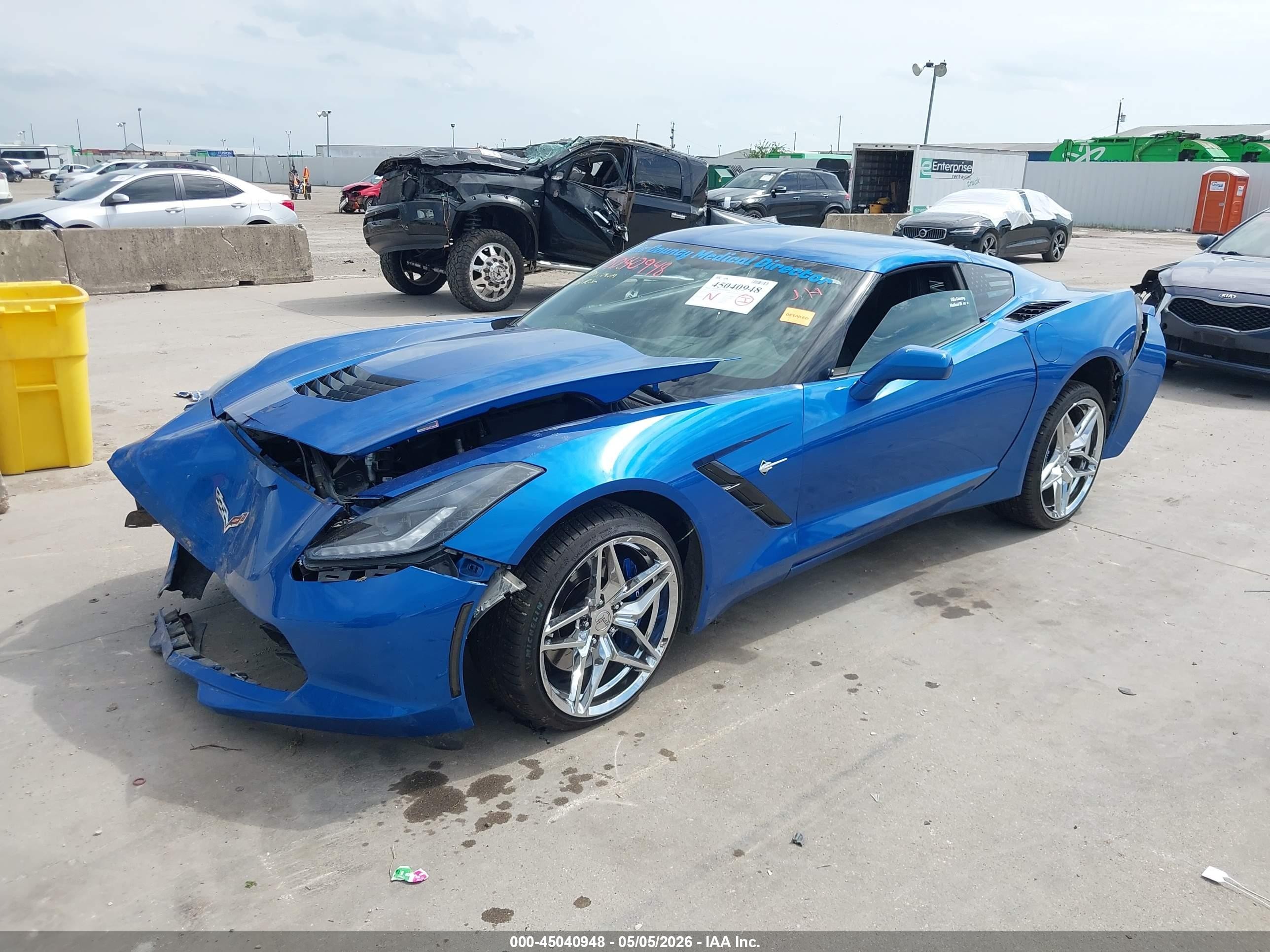 2014 Chevrolet Corvette VIN 1G1YM2D71E5104915 IAAI salvage auction — Front & Rear, Original (Texas), sold $7,625 on 2026-09-02 (photo 2)