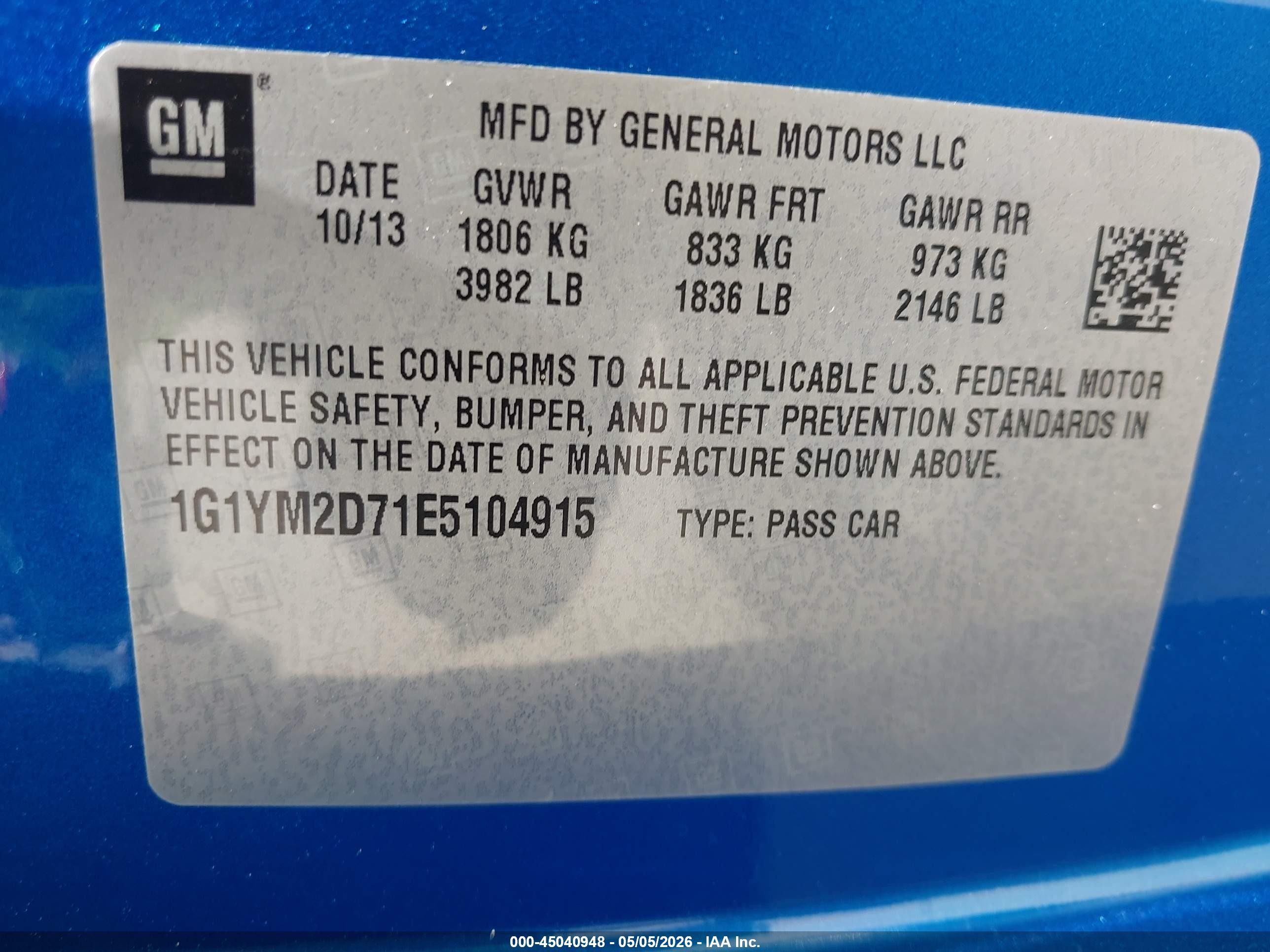 2014 Chevrolet Corvette VIN 1G1YM2D71E5104915 IAAI salvage auction — Front & Rear, Original (Texas), sold $7,625 on 2026-09-02 (photo 9)