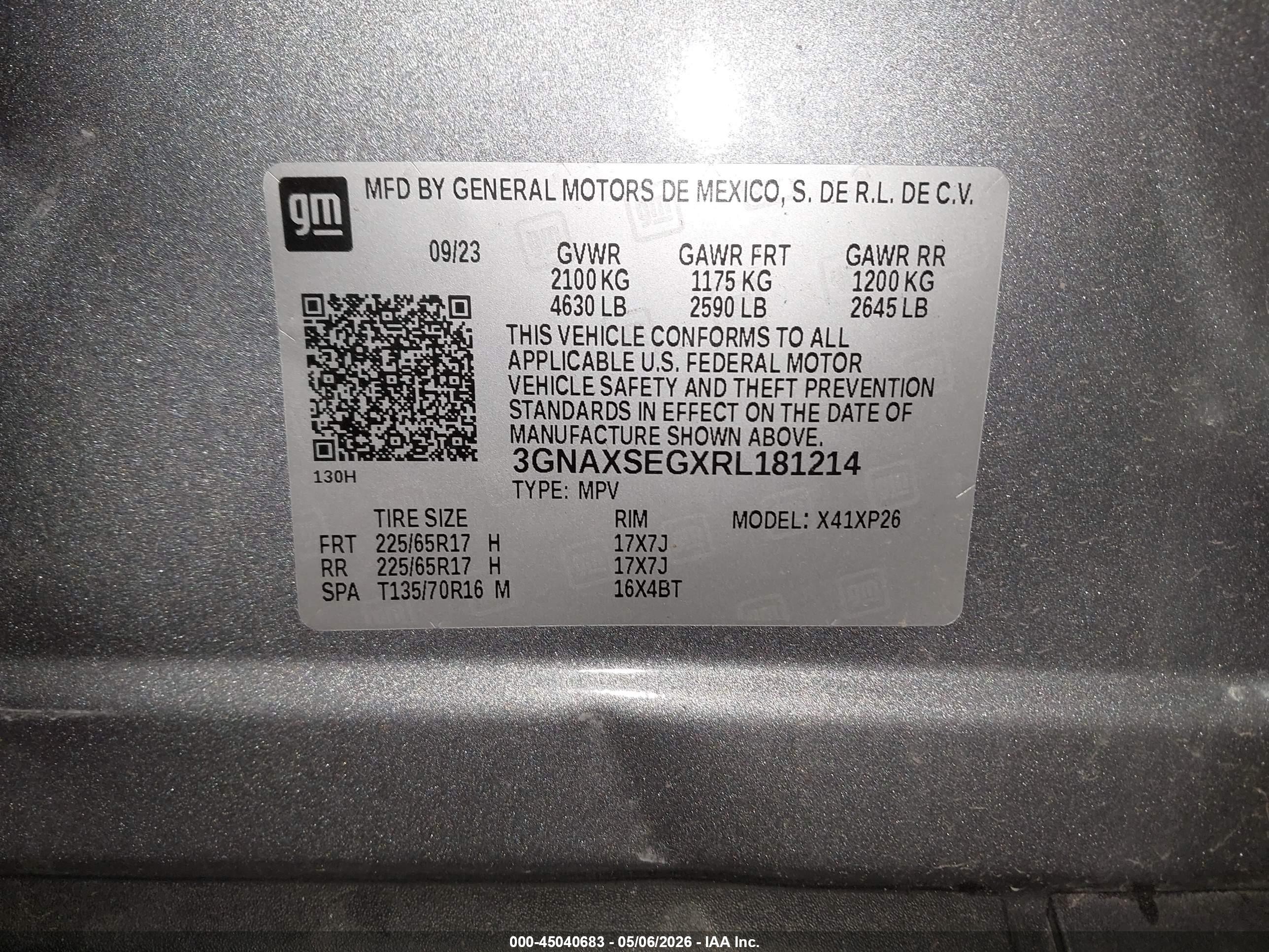 2024 Chevrolet Equinox VIN 3GNAXSEGXRL181214 IAAI salvage auction — Side, Mv-907A (New York), sold $5,300 on 2026-07-11 (photo 9)