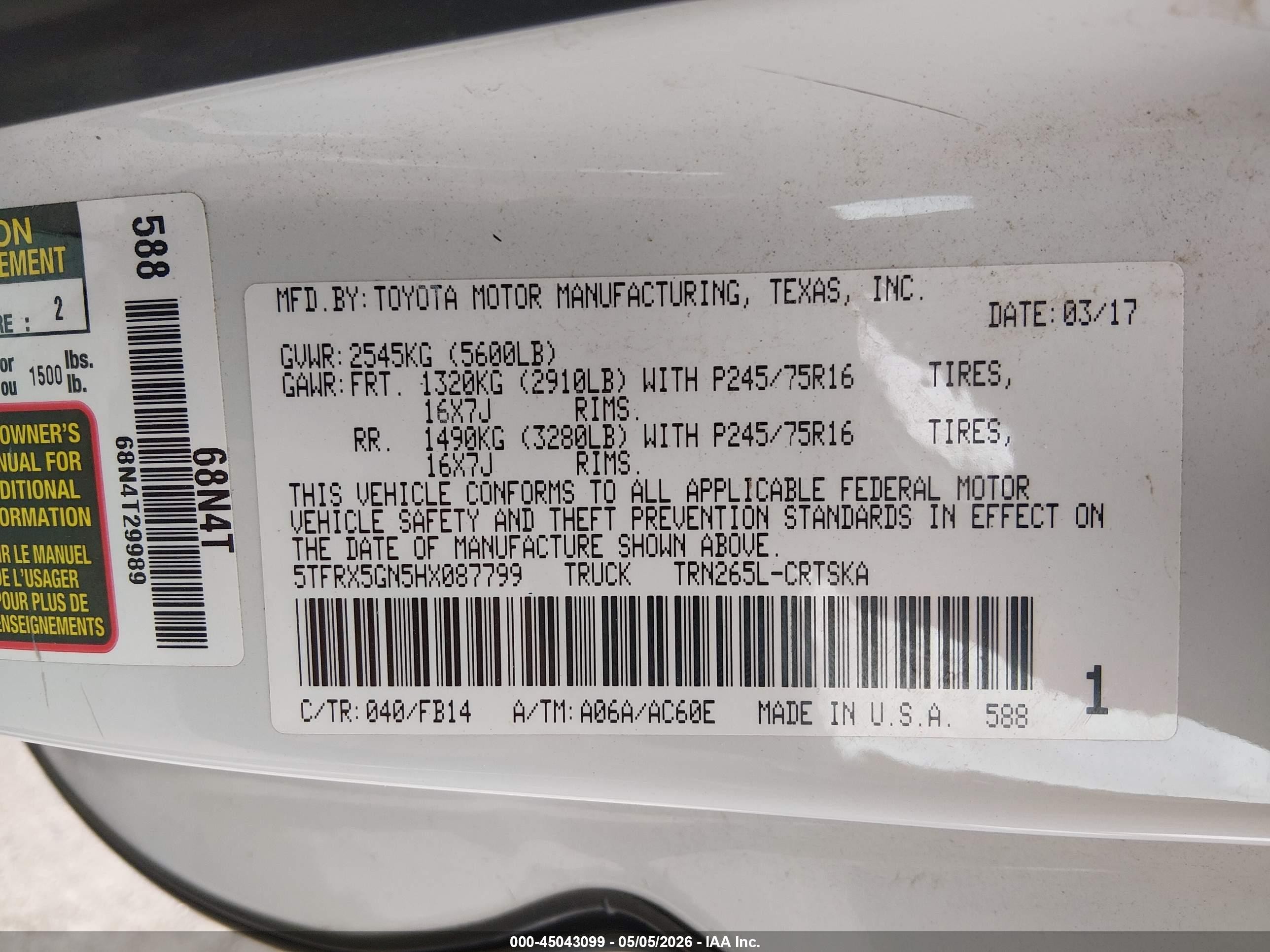 2017 Toyota Tacoma VIN 5TFRX5GN5HX087799 IAAI salvage auction — Front End, Salvage (Pennsylvania), sold $3,600 on 2026-07-09 (photo 9)