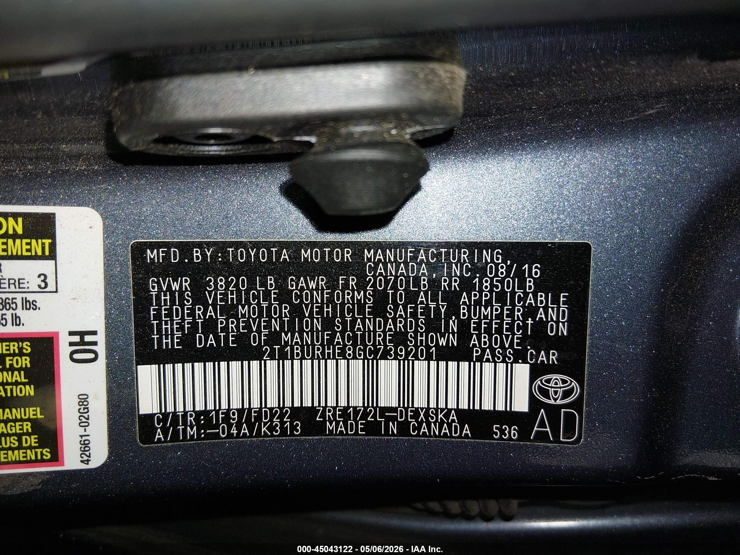 2016 Toyota Corolla VIN 2T1BURHE8GC739201 IAAI salvage auction — Rear End, Salvage (Oregon), sold $2,900 on 2026-07-09 (photo 9)