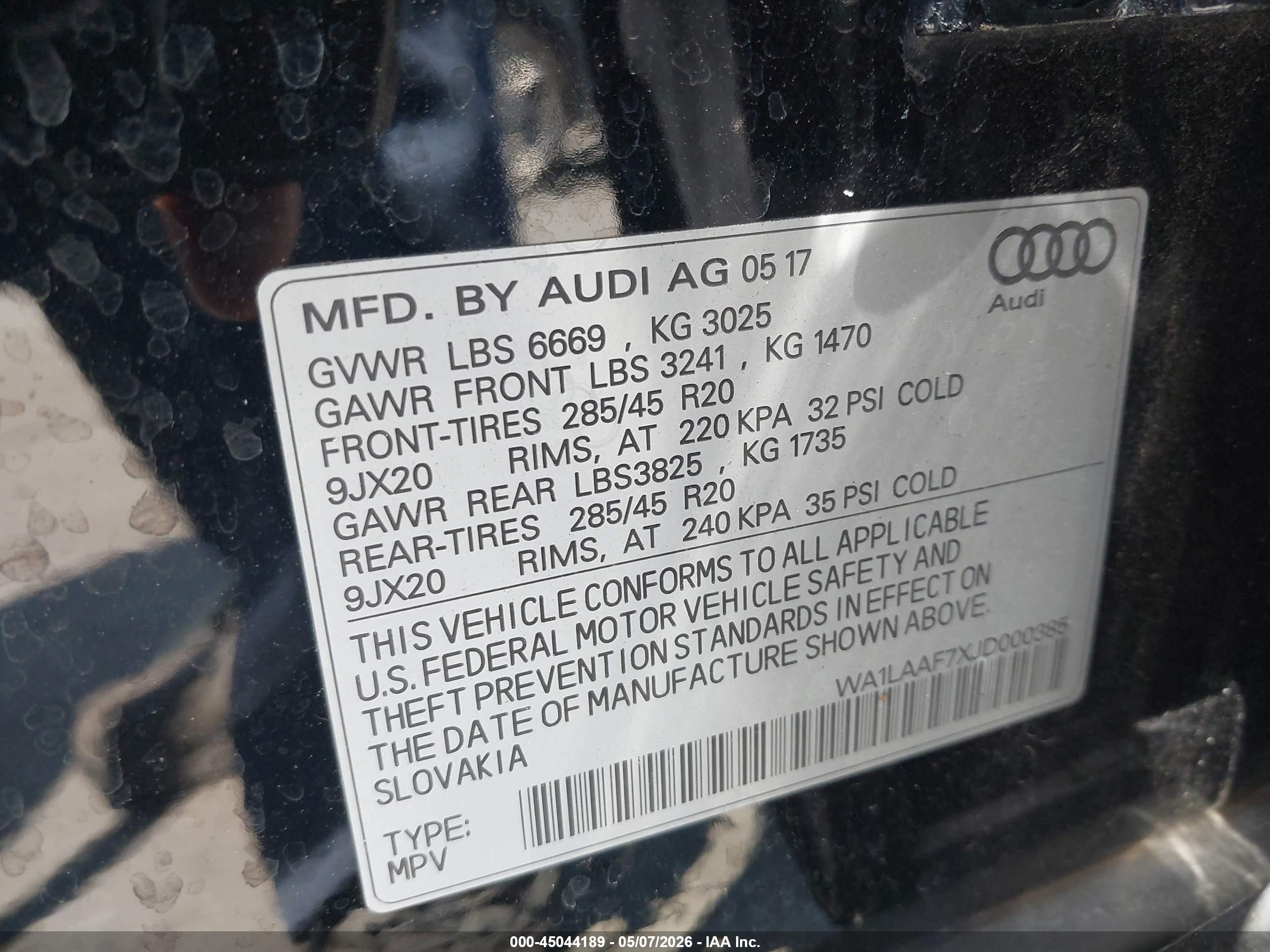 2018 Audi Q7 VIN WA1LAAF7XJD000385 IAAI salvage auction — Front End, Salvage Certificate (California), sold $6,400 on 2026-09-12 (photo 9)
