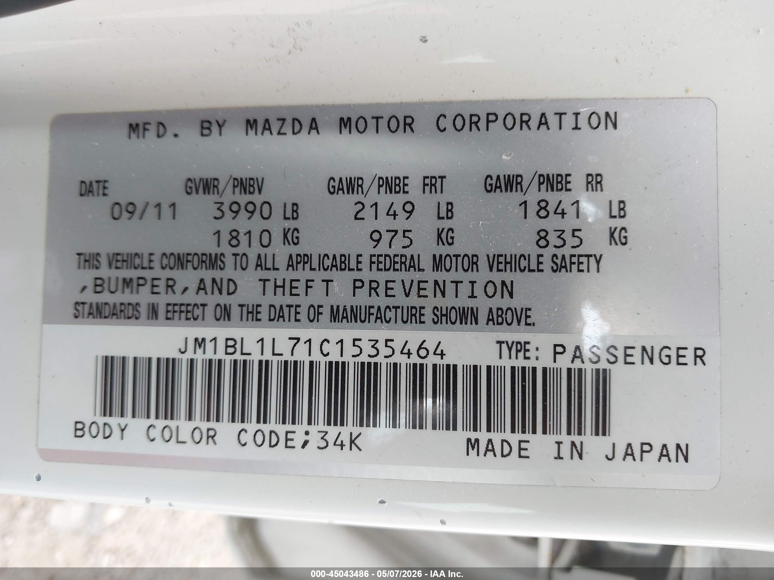 2012 Mazda 3 VIN JM1BL1L71C1535464 IAAI salvage auction — Front End, Original (Texas), sold $1,450 on 2026-10-06 (photo 9)