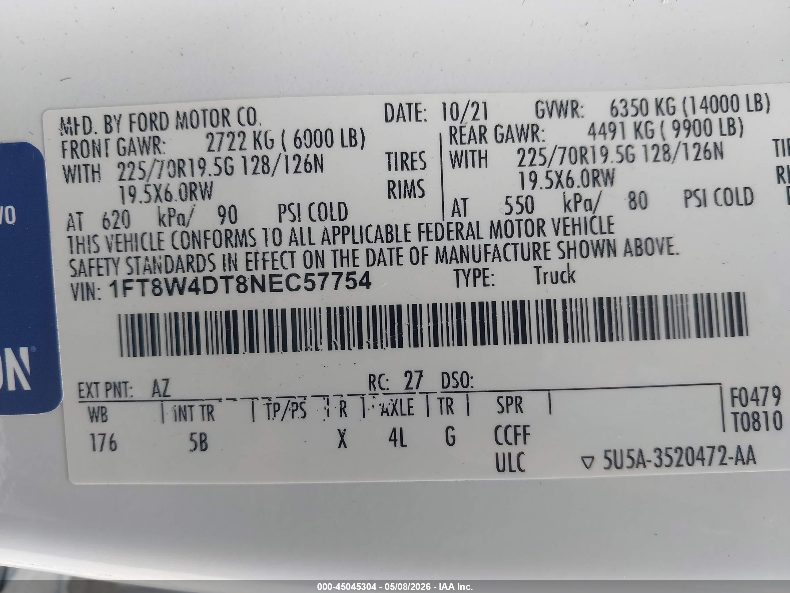 2022 Ford F450 VIN 1FT8W4DT8NEC57754 IAAI salvage auction — Front End, Salvage (Florida), sold $25,450 on 2026-09-09 (photo 8)