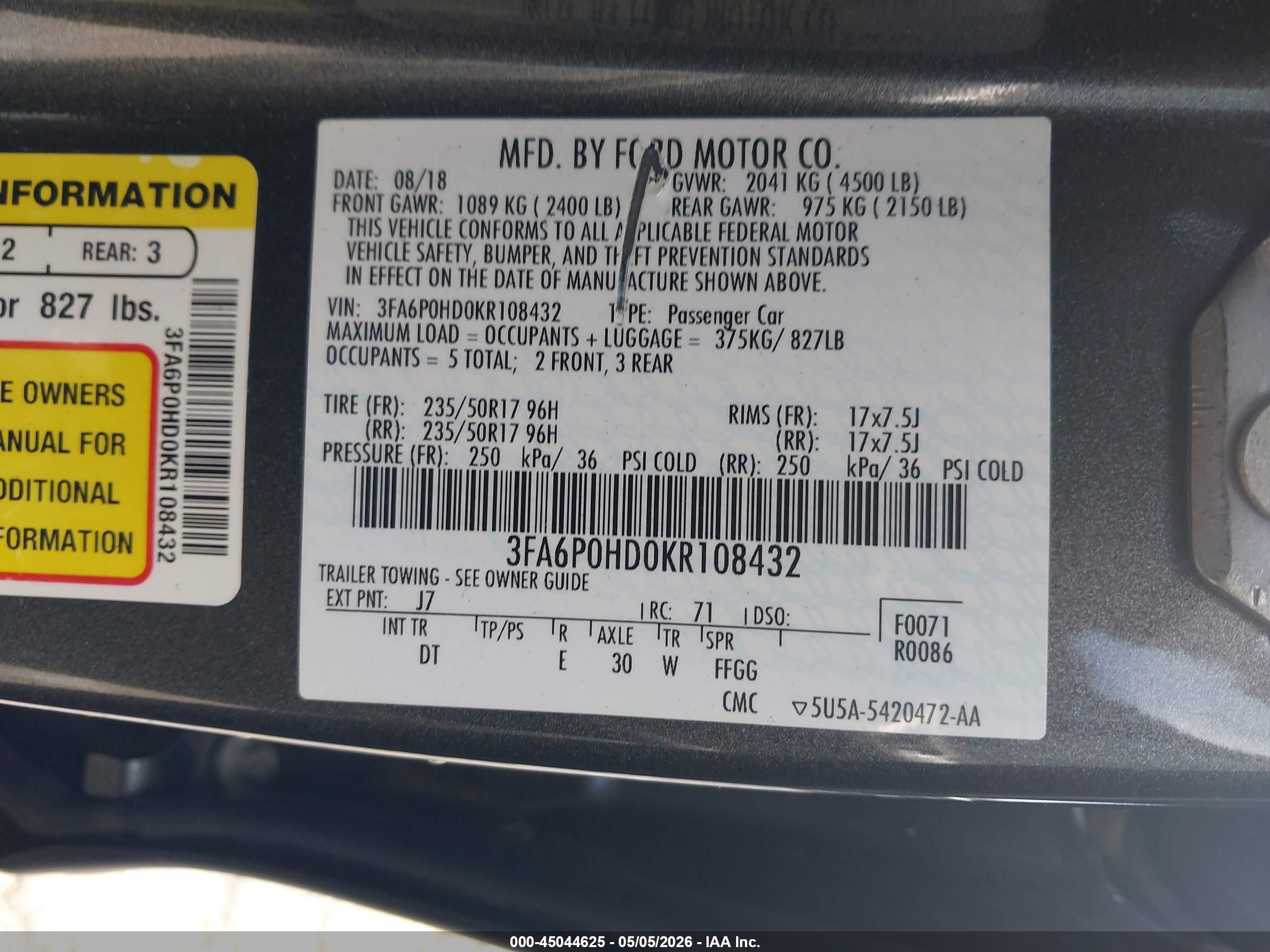 2019 Ford Fusion VIN 3FA6P0HD0KR108432 IAAI salvage auction — Normal Wear, Clear - Dealer Only (California), sold $1,750 on 2026-07-09 (photo 9)