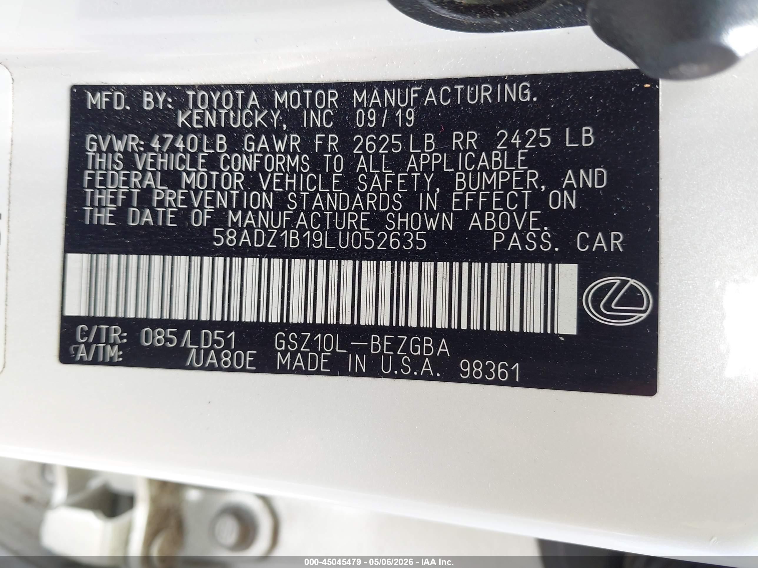 2020 Lexus ES 350 VIN 58ADZ1B19LU052635 IAAI salvage auction — Front End, Clear (Oklahoma), sold $7,100 on 2026-09-12 (photo 9)