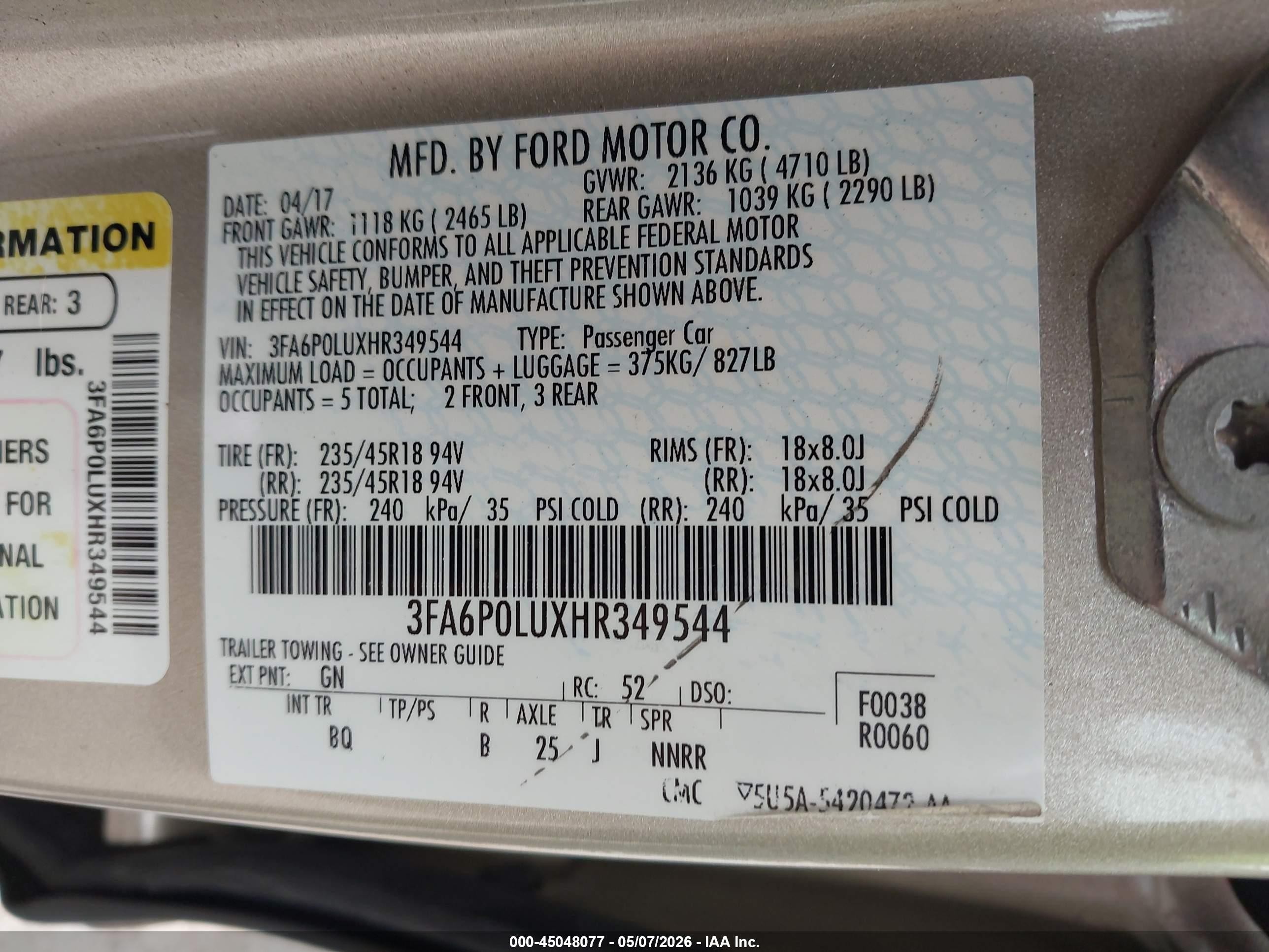 2017 Ford Fusion VIN 3FA6P0LUXHR349544 IAAI salvage auction — Front End, Original (Texas), sold $2,300 on 2026-08-26 (photo 9)
