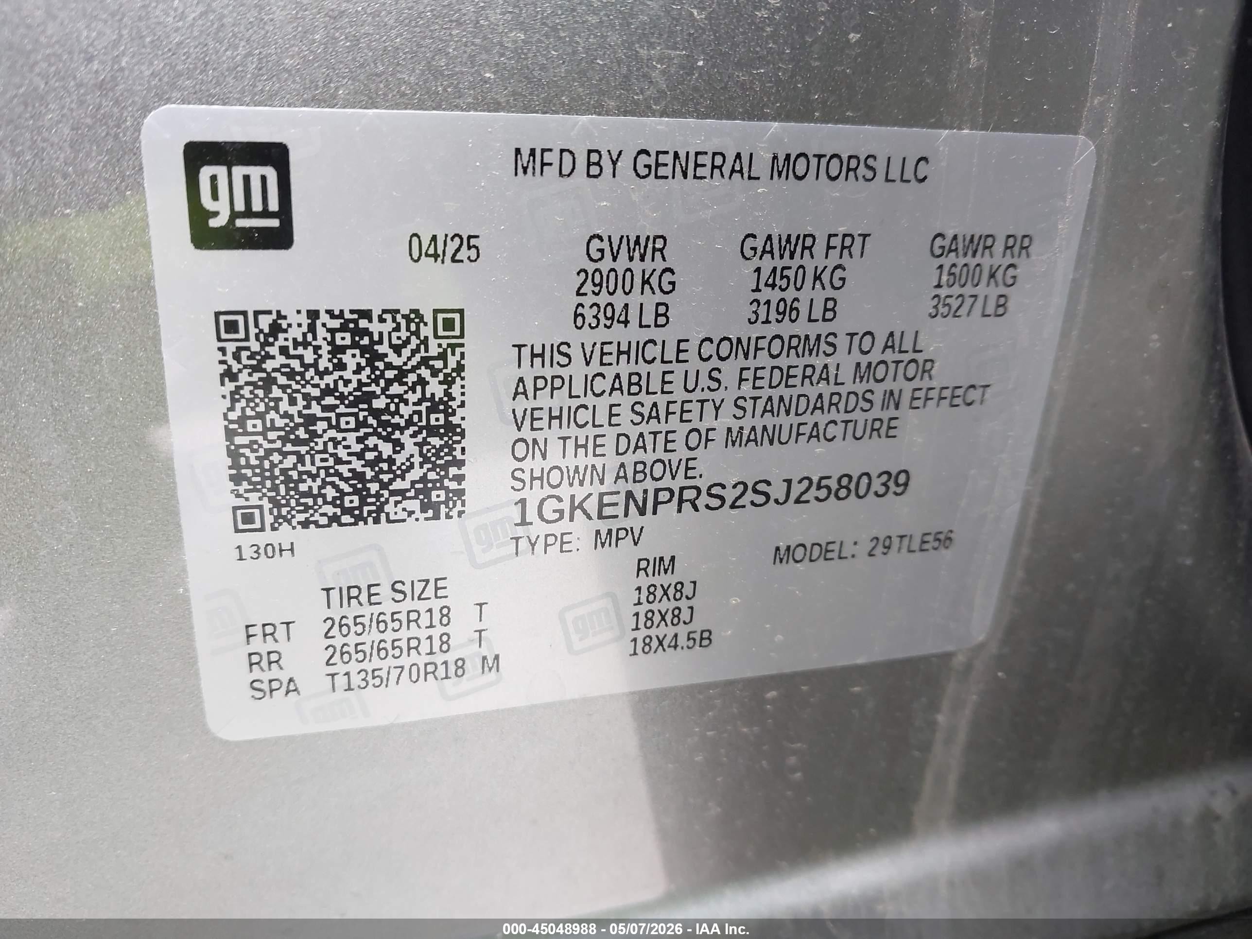2025 GMC Acadia VIN 1GKENPRS2SJ258039 IAAI salvage auction — Rear End, Original (Texas), sold $15,250 on 2026-08-20 (photo 9)