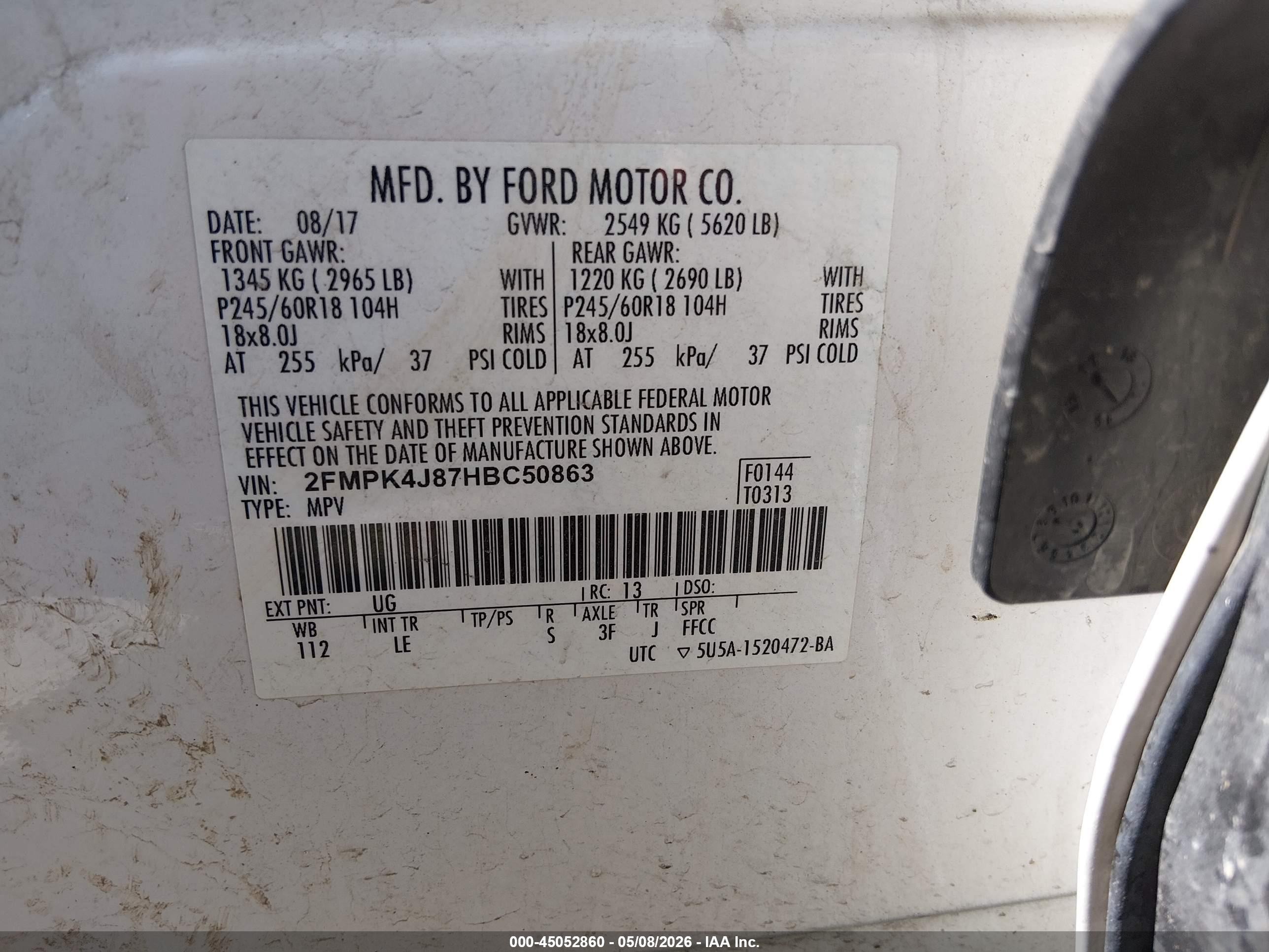 2017 Ford Edge VIN 2FMPK4J87HBC50863 IAAI salvage auction — Side, Salvage (Utah), sold $1,350 on 2026-07-09 (photo 9)