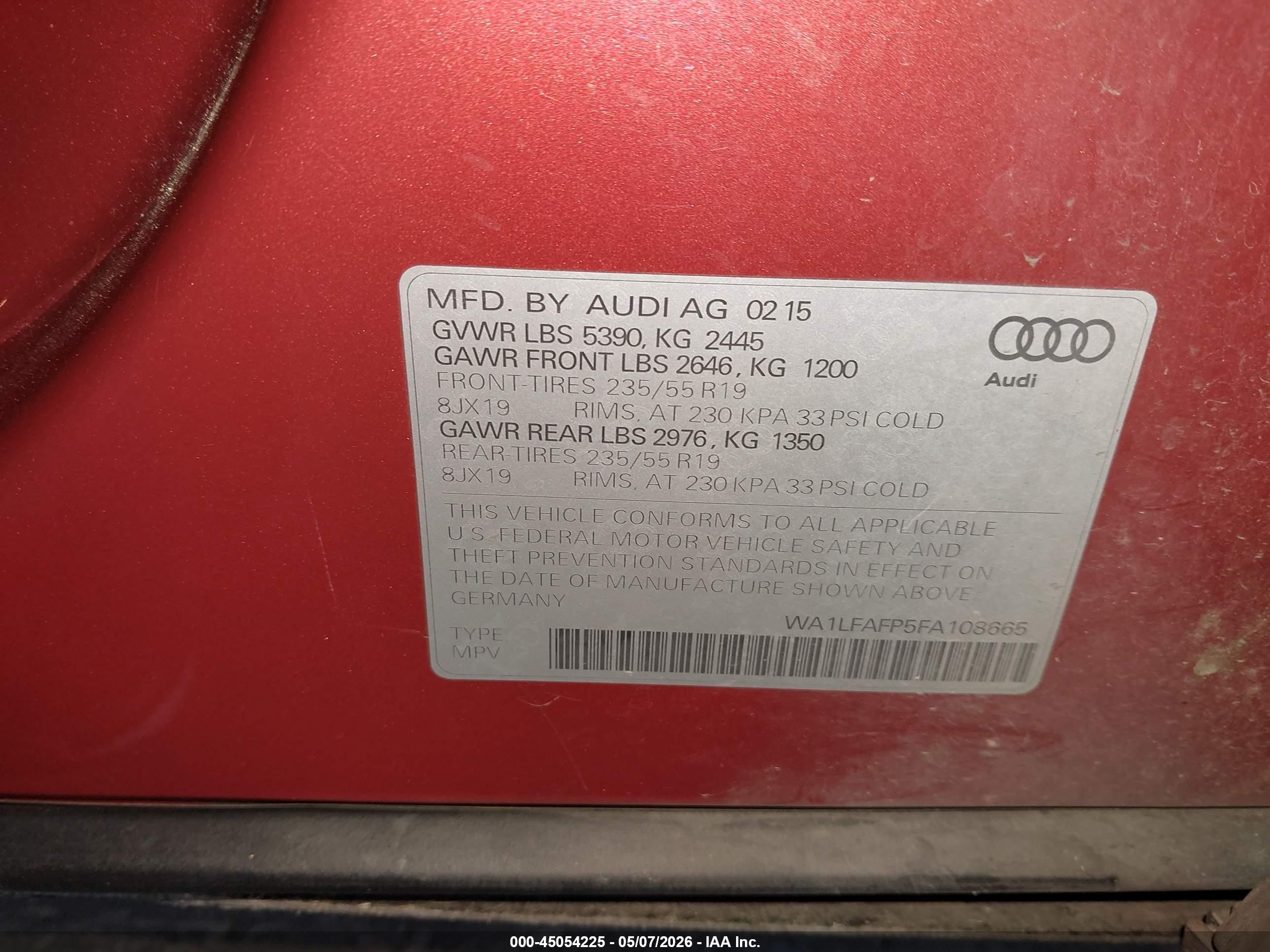 2015 Audi Q5 VIN WA1LFAFP5FA108665 IAAI salvage auction — Unknown, Salvage (Oregon), sold $2,150 on 2026-07-09 (photo 9)