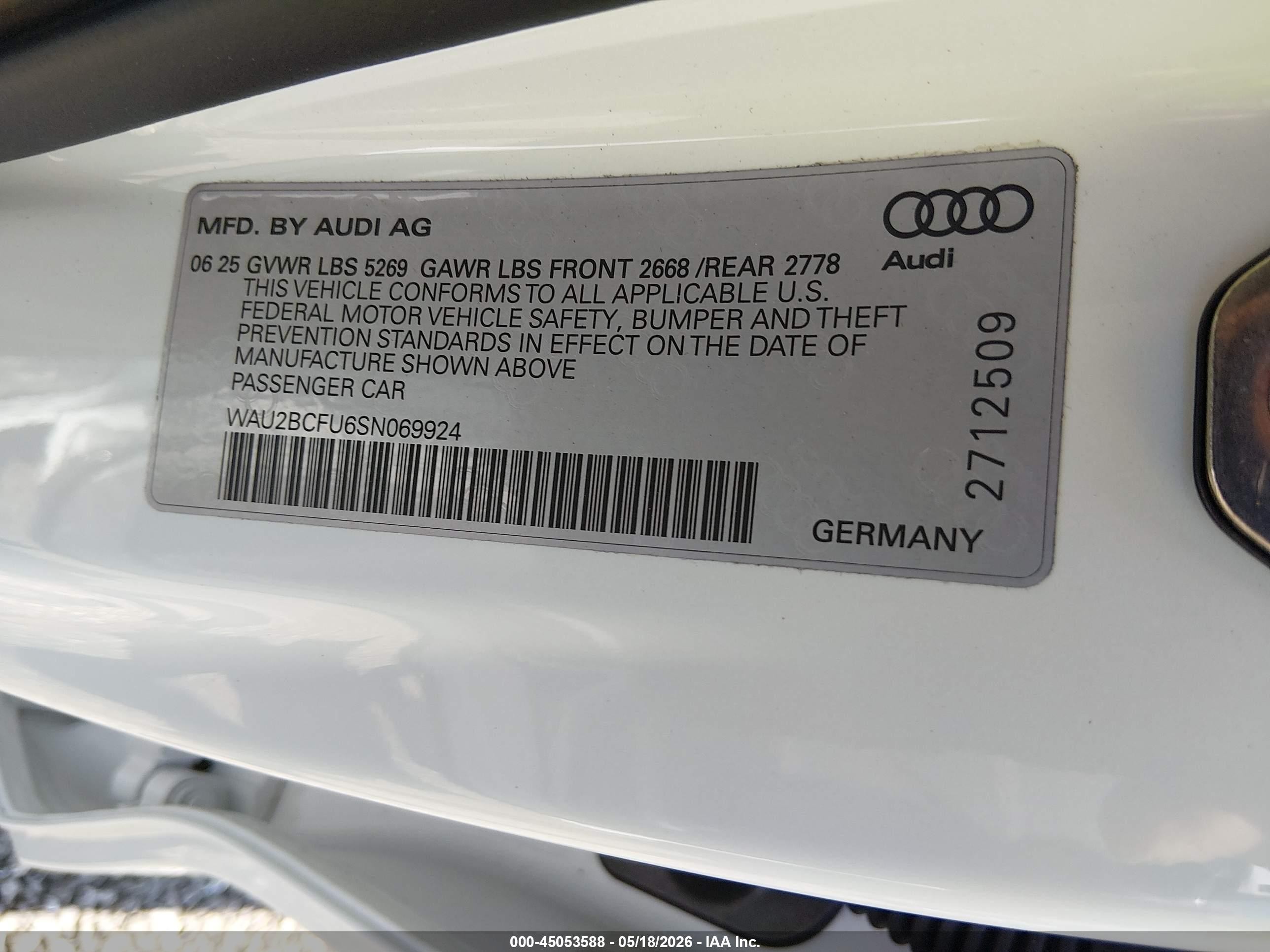 2025 Audi A5 VIN WAU2BCFU6SN069924 IAAI salvage auction — Front & Rear, Salvage (South Carolina), sold $21,500 on 2026-08-18 (photo 9)