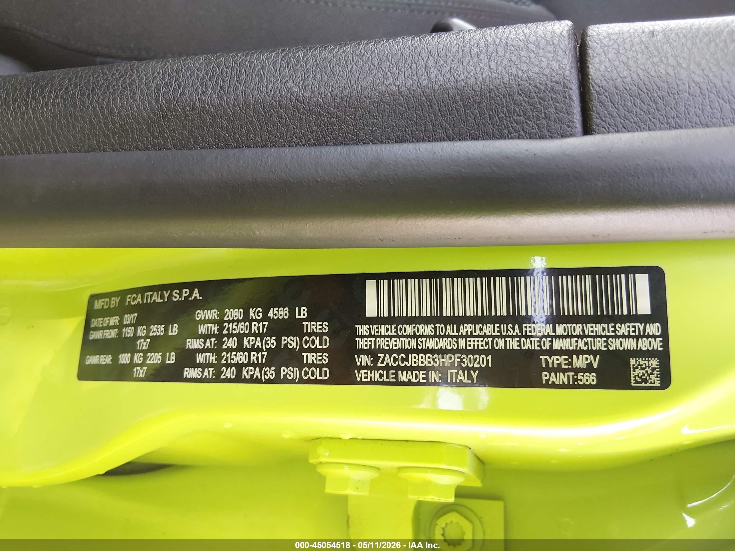 2017 Jeep Renegade VIN ZACCJBBB3HPF30201 IAAI salvage auction — Top/Roof, Salvage (Indiana), sold $1,950 on 2026-09-09 (photo 9)