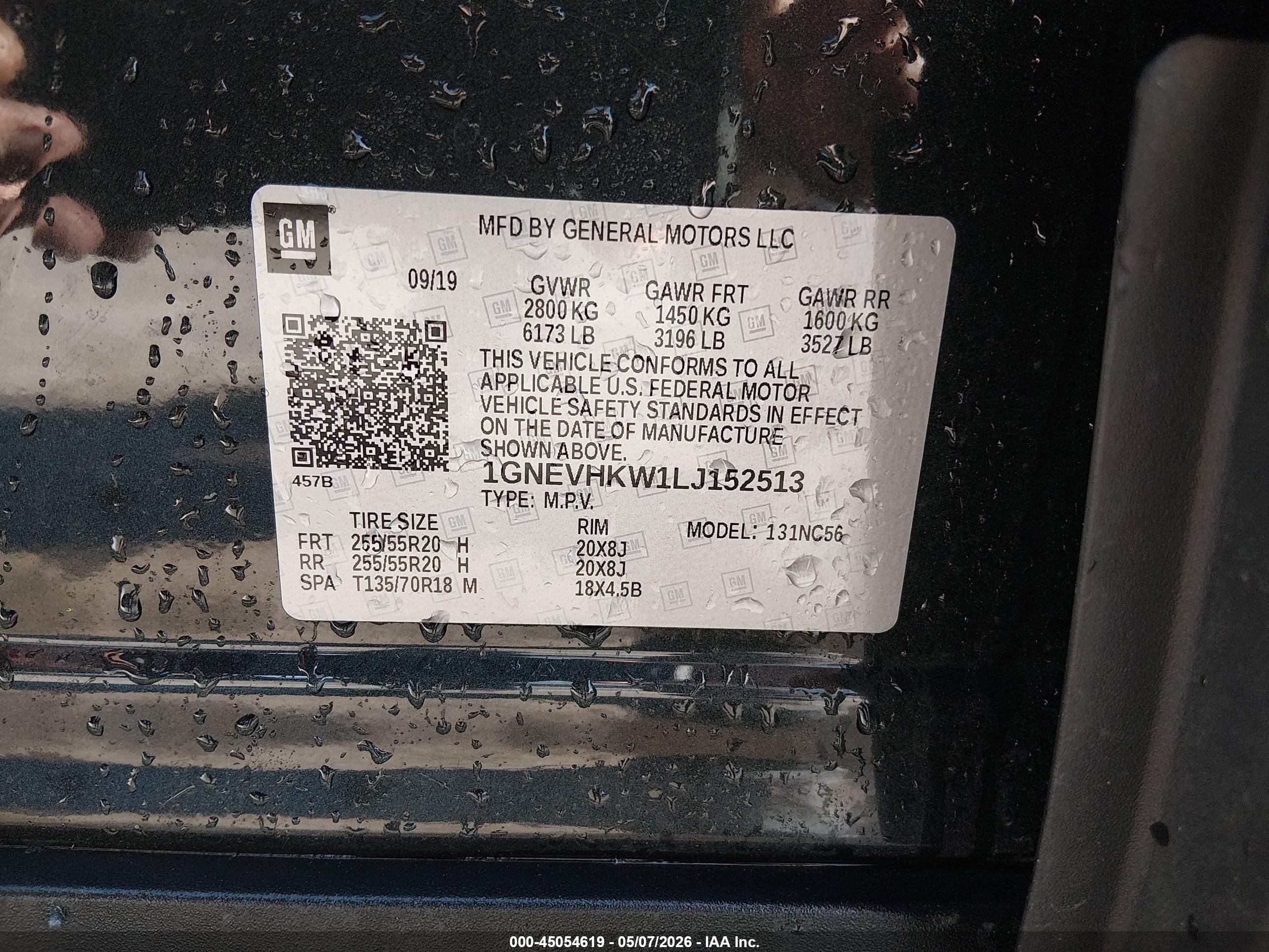2020 Chevrolet Traverse VIN 1GNEVHKW1LJ152513 IAAI salvage auction — Side, Salvage (Ohio), sold $3,100 on 2026-07-11 (photo 9)