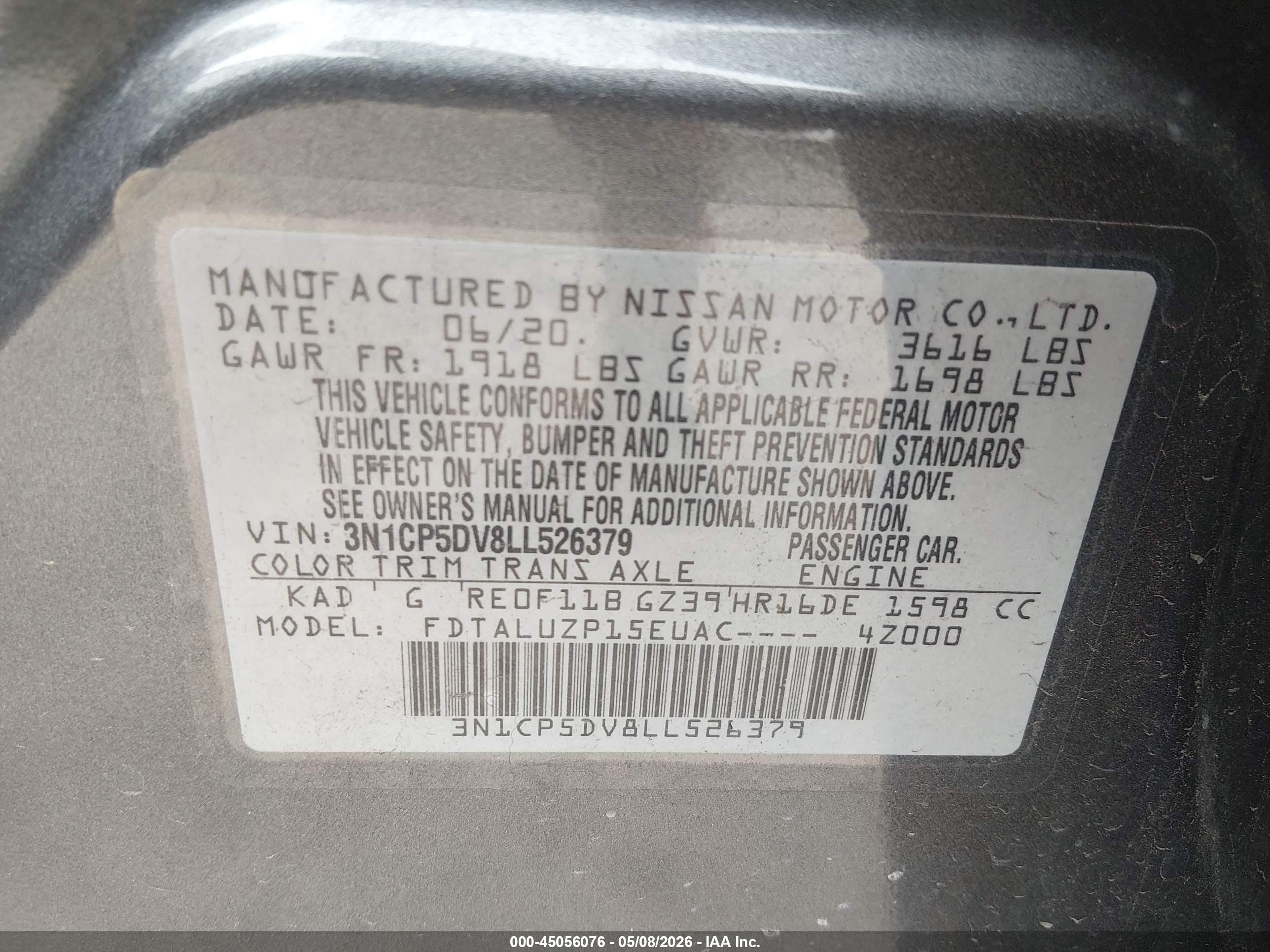 2020 Nissan Kicks VIN 3N1CP5DV8LL526379 IAAI salvage auction — Rear End, Original (Texas), sold $4,000 on 2026-07-09 (photo 9)