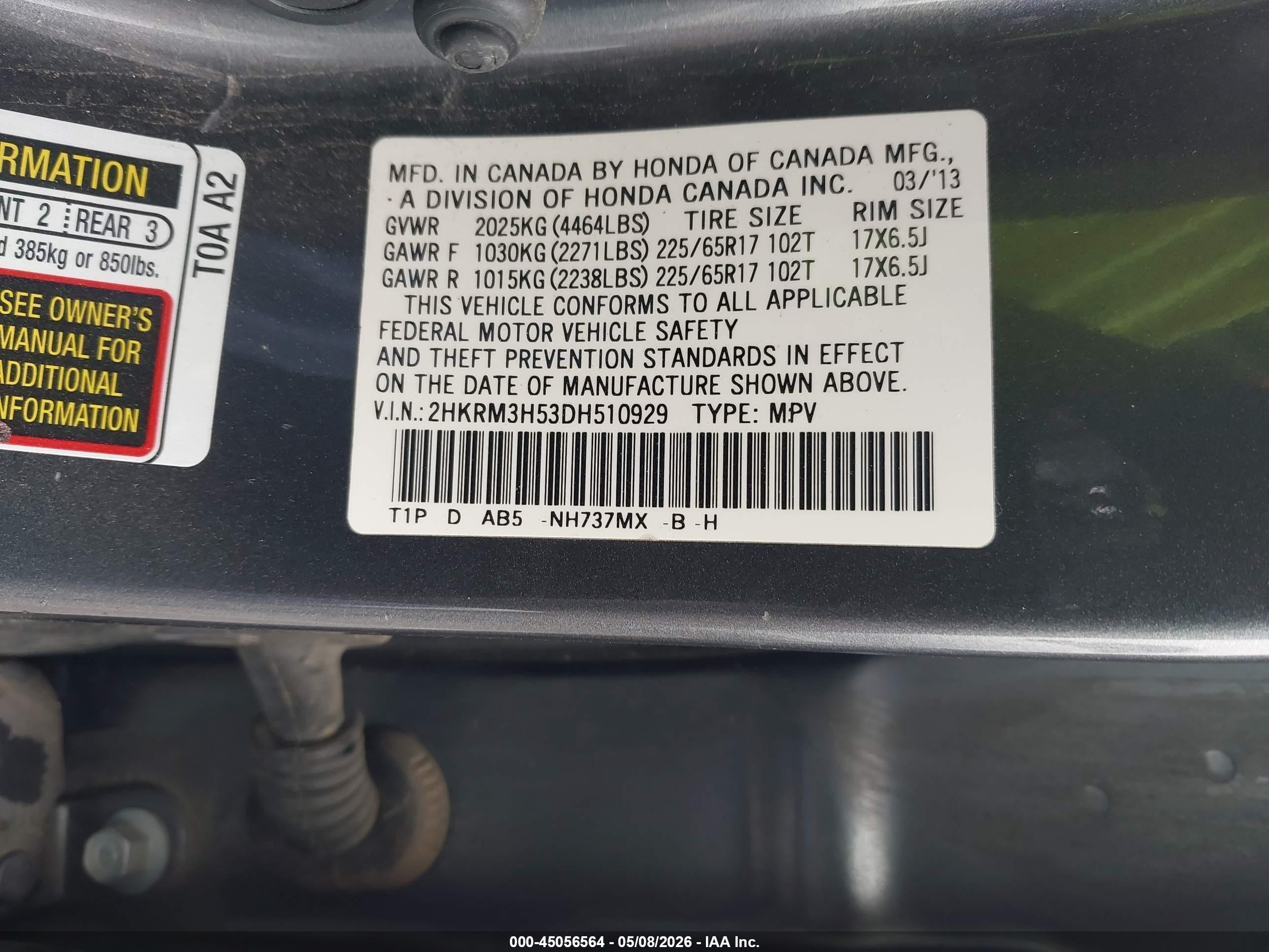 2013 Honda CR-V VIN 2HKRM3H53DH510929 IAAI salvage auction — Rear End, Salvage (California), sold $3,050 on 2026-07-09 (photo 9)