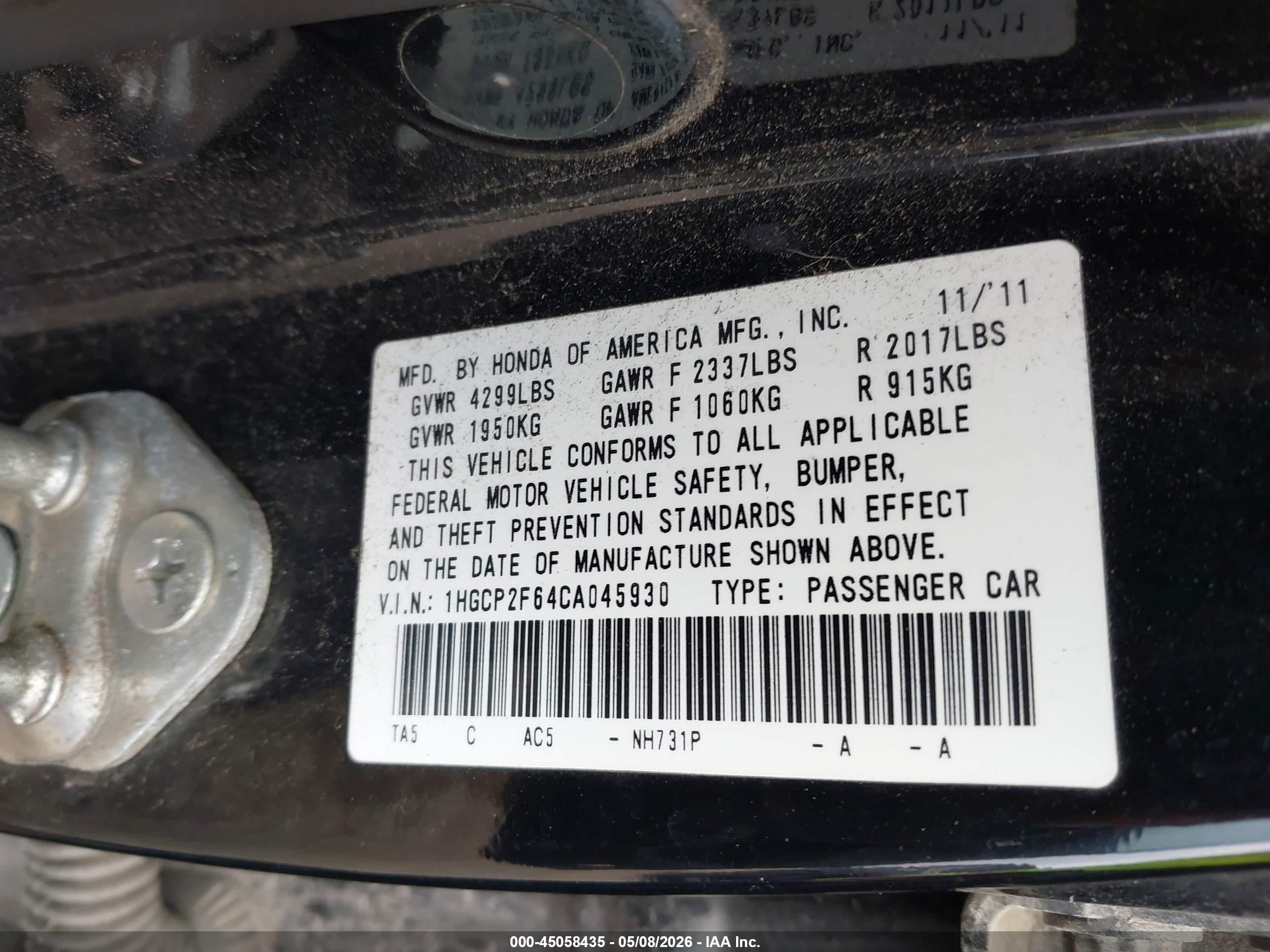 2012 Honda Accord VIN 1HGCP2F64CA045930 IAAI salvage auction — Unknown, Salvage (Illinois), sold $600 on 2026-07-12 (photo 9)