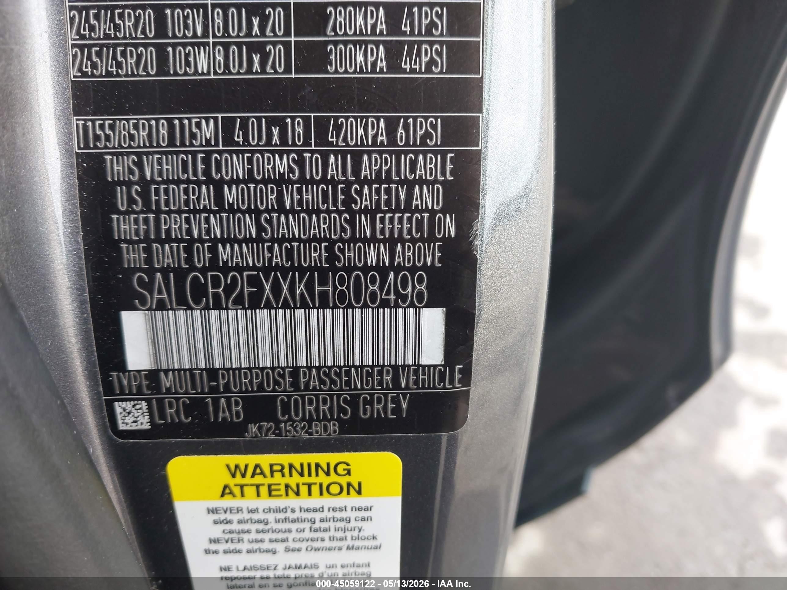 2019 Land Rover Discovery Sport VIN SALCR2FXXKH808498 IAAI salvage auction — Hail, Salvage (Ohio), sold $4,650 on 2026-06-30 (photo 9)
