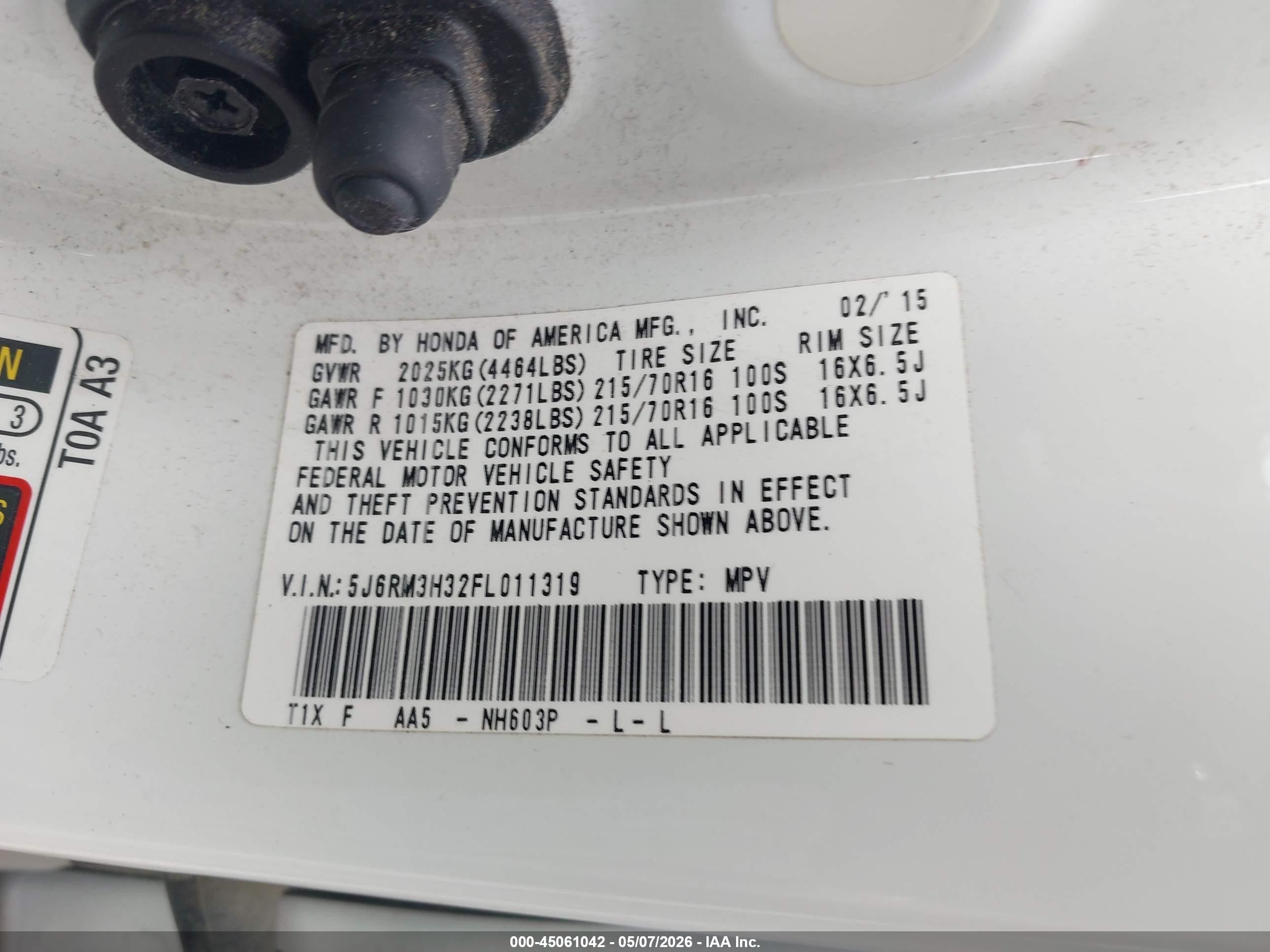 2015 Honda CR-V VIN 5J6RM3H32FL011319 IAAI salvage auction — Rear End, Salvage (Utah), sold $3,650 on 2026-07-09 (photo 9)
