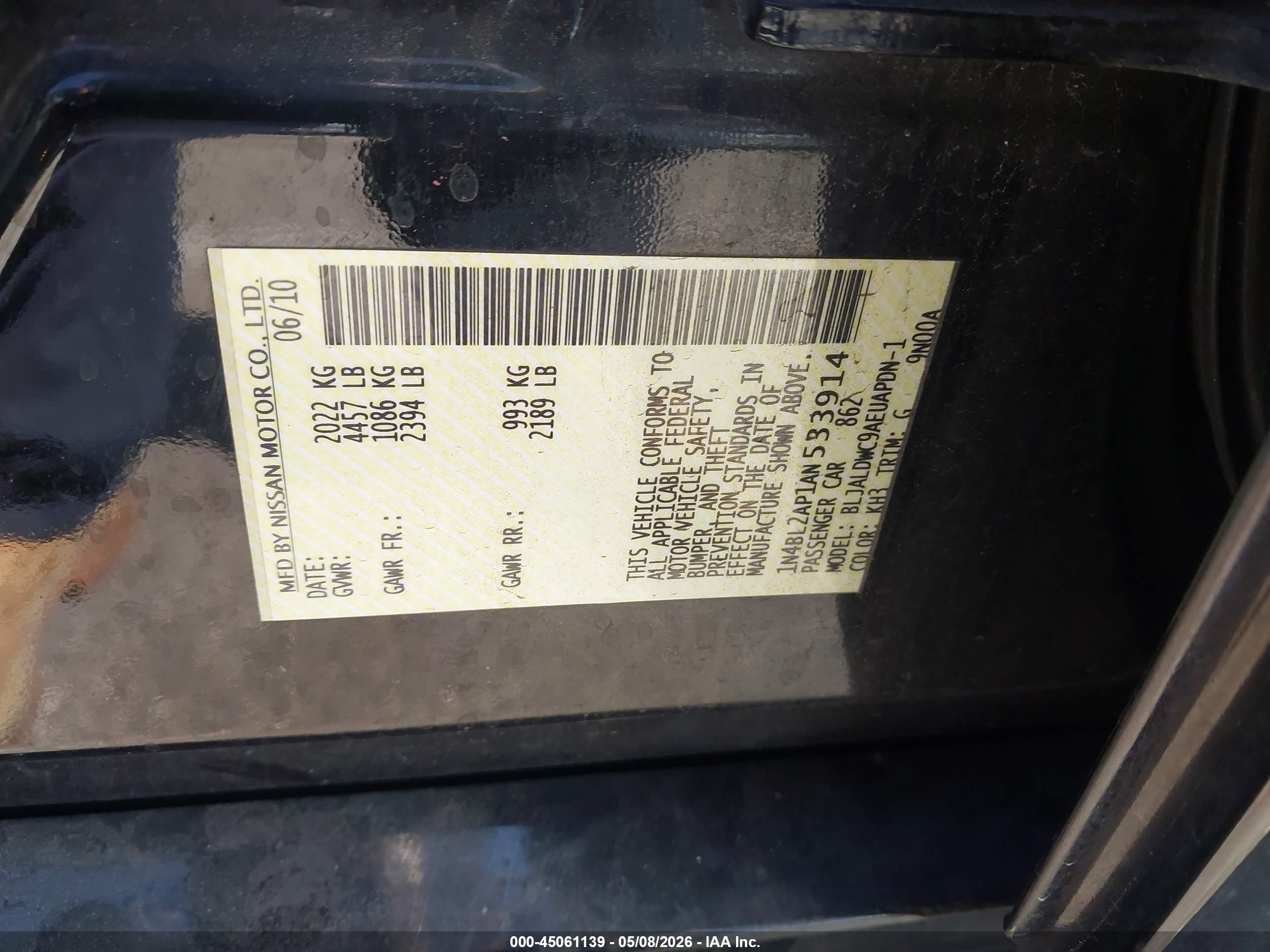 2010 Nissan Altima VIN 1N4BL2AP1AN533914 IAAI salvage auction — Front & Rear, Salvage (California), sold $425 on 2026-07-09 (photo 9)