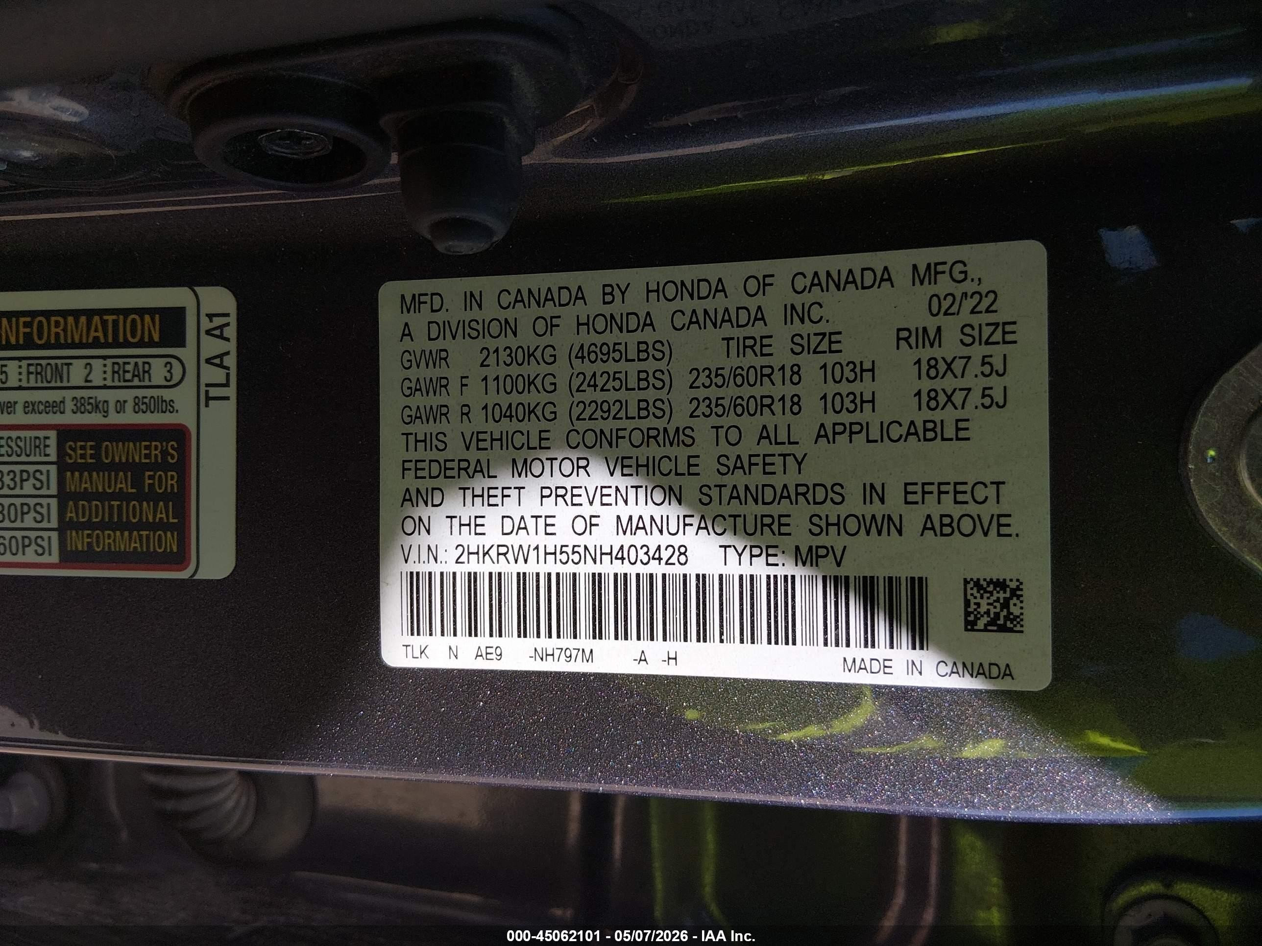 2022 Honda CR-V VIN 2HKRW1H55NH403428 IAAI salvage auction — Rear End, Salvage (Arizona), sold $6,800 on 2026-07-09 (photo 9)