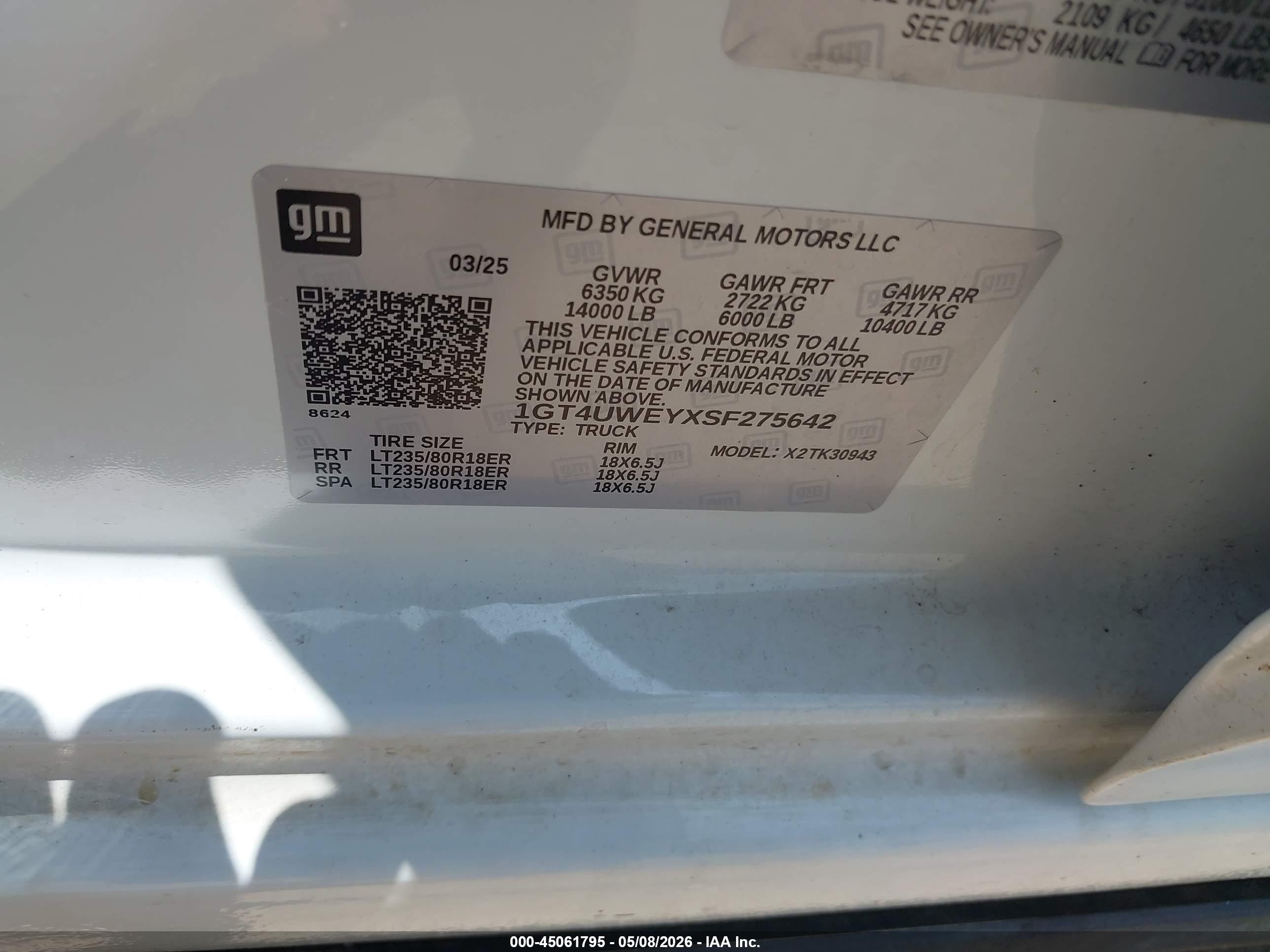 2025 GMC Sierra 3500 HD VIN 1GT4UWEYXSF275642 IAAI salvage auction — Front End, Salvage (Texas), sold $31,000 on 2026-07-10 (photo 8)