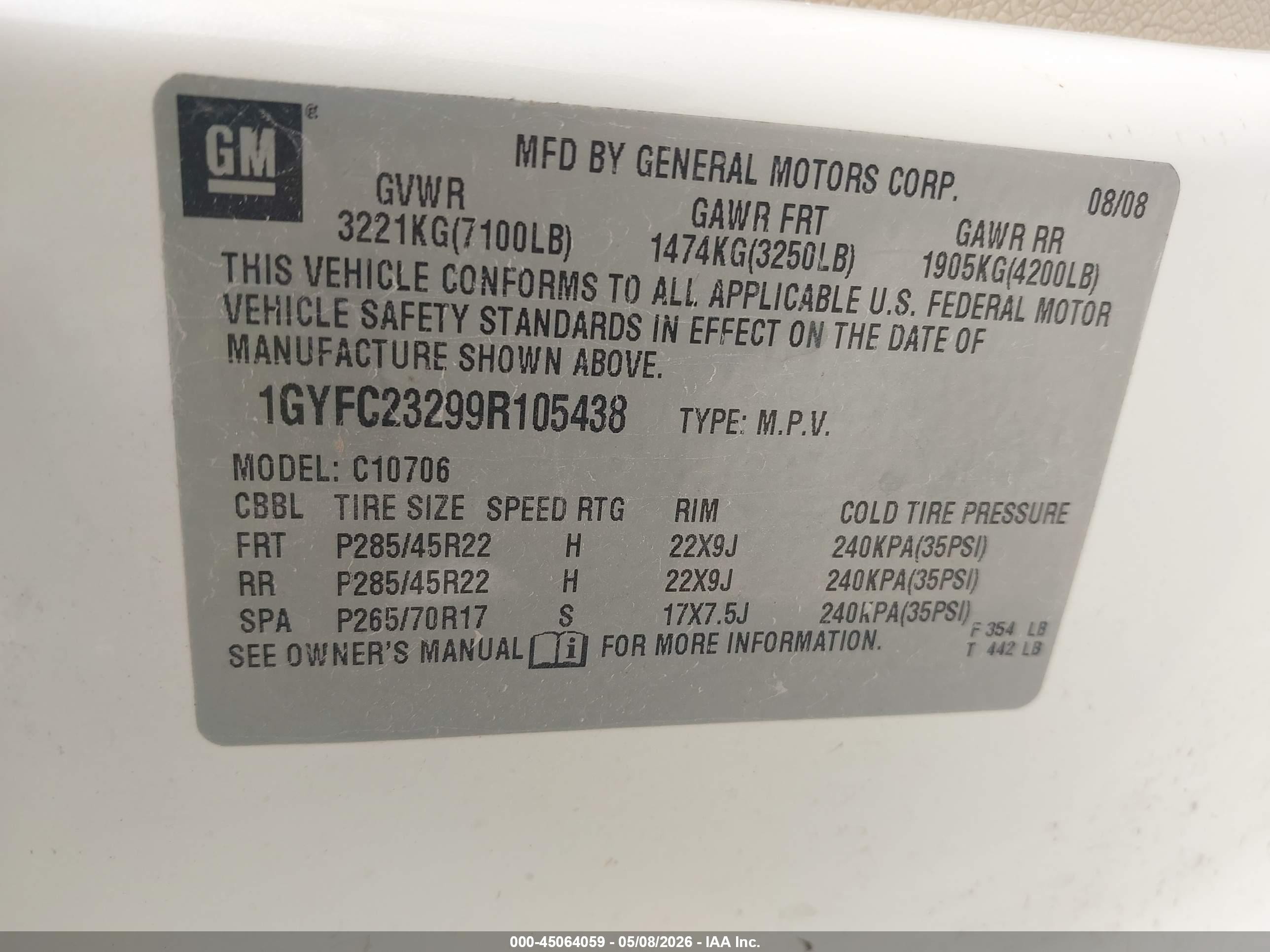 2009 Cadillac Escalade VIN 1GYFC23299R105438 IAAI salvage auction — Front End, Original (Texas), sold $1,200 on 2026-09-22 (photo 9)