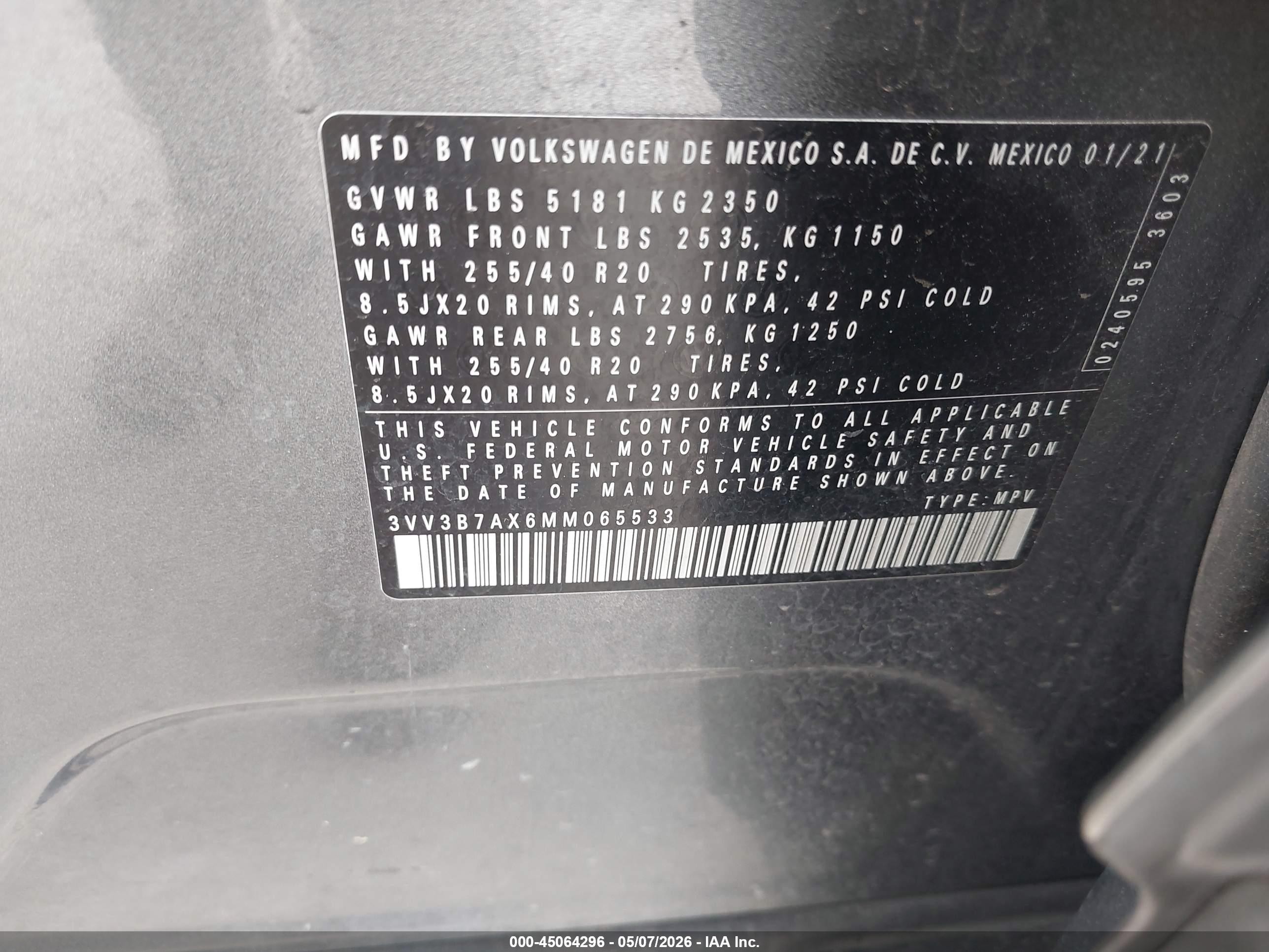 2021 Volkswagen Tiguan VIN 3VV3B7AX6MM065533 IAAI salvage auction — Rear End, Original (Texas), sold $7,200 on 2026-09-24 (photo 9)