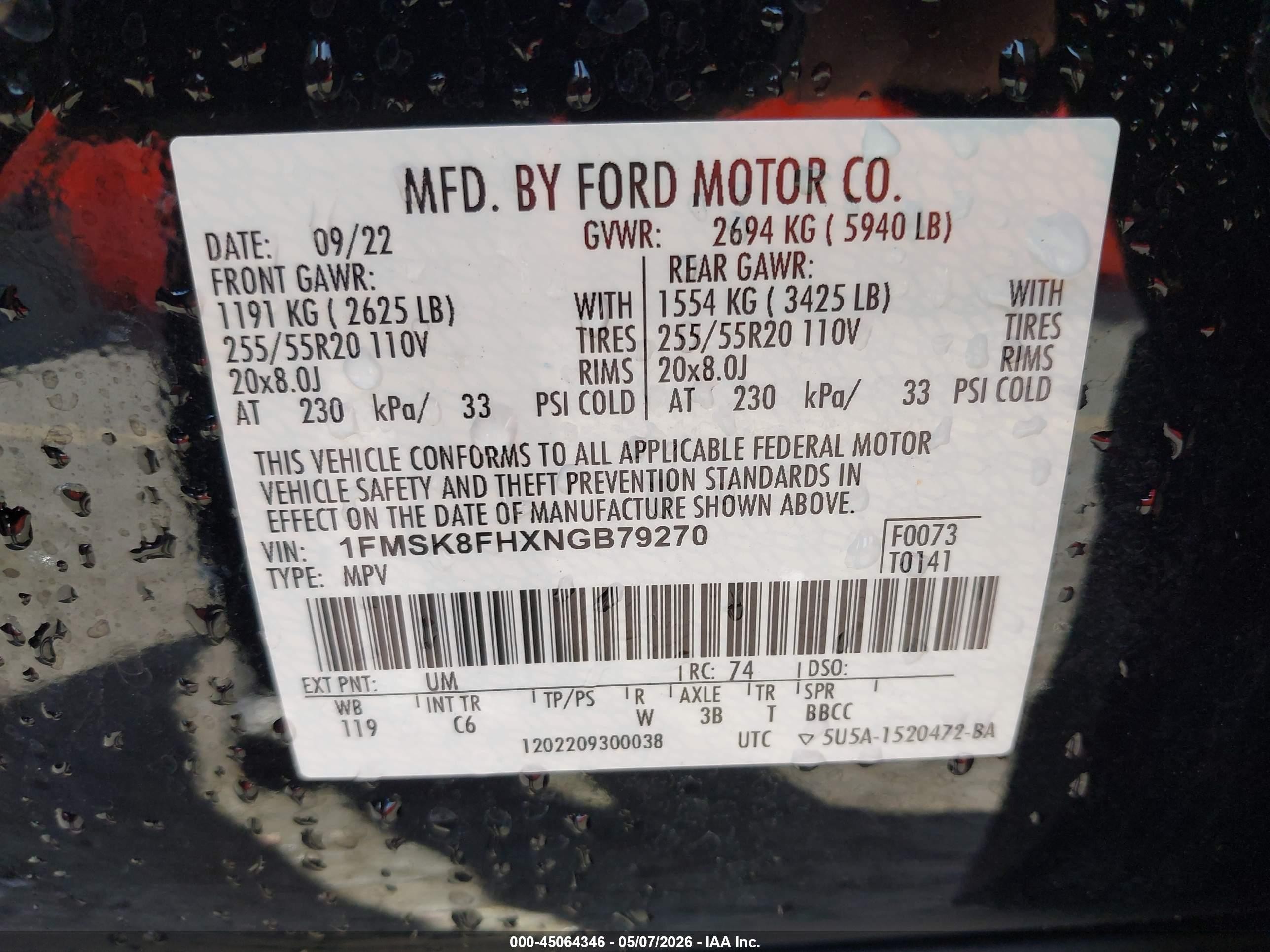 2022 Ford Explorer VIN 1FMSK8FHXNGB79270 IAAI salvage auction — Side, Salvage (Oregon), sold $6,475 on 2026-07-09 (photo 9)