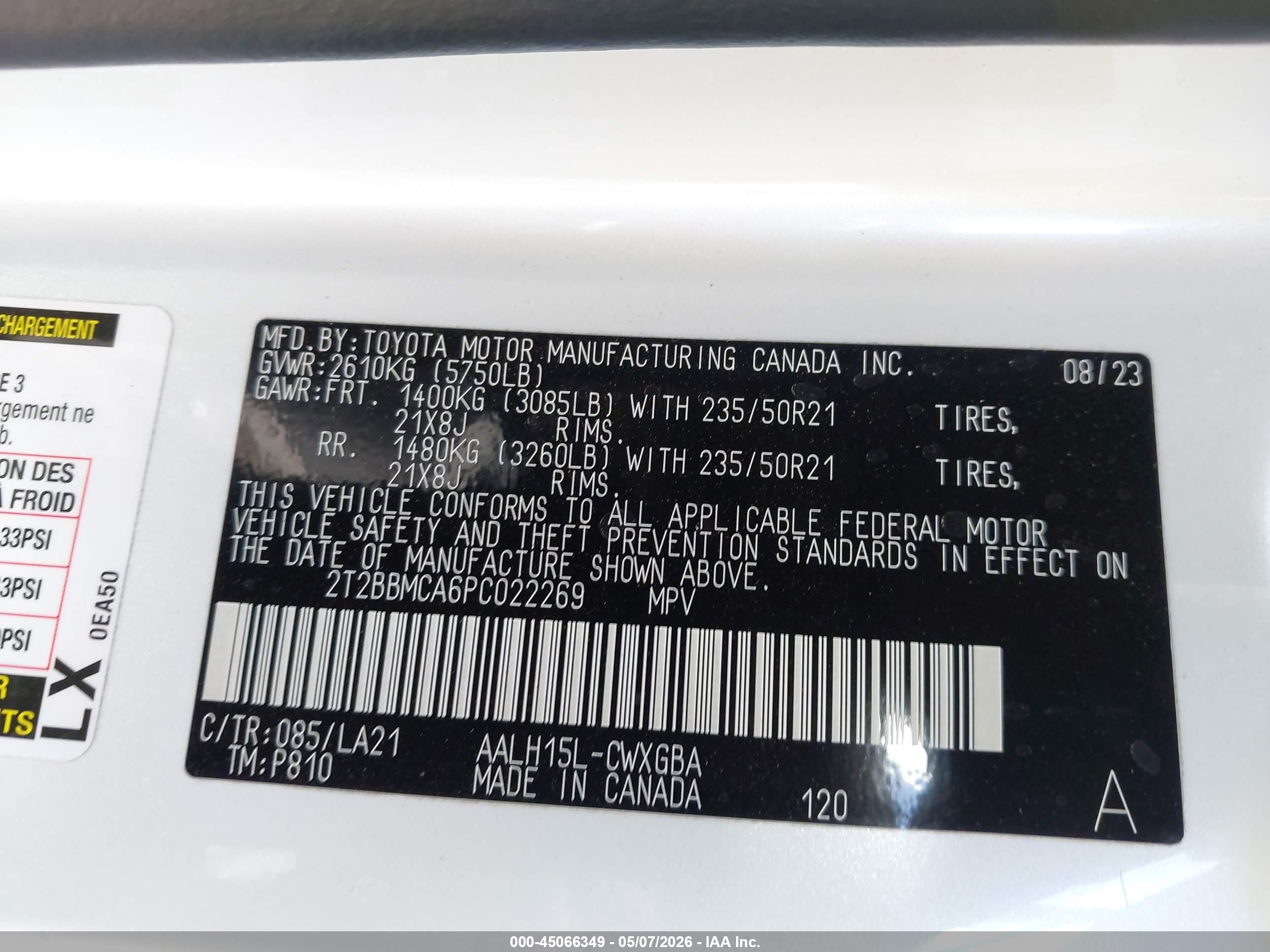 2023 Lexus Rx VIN 2T2BBMCA6PC022269 IAAI salvage auction — Front End, Salvage (California), sold $6,575 on 2026-07-13 (photo 9)