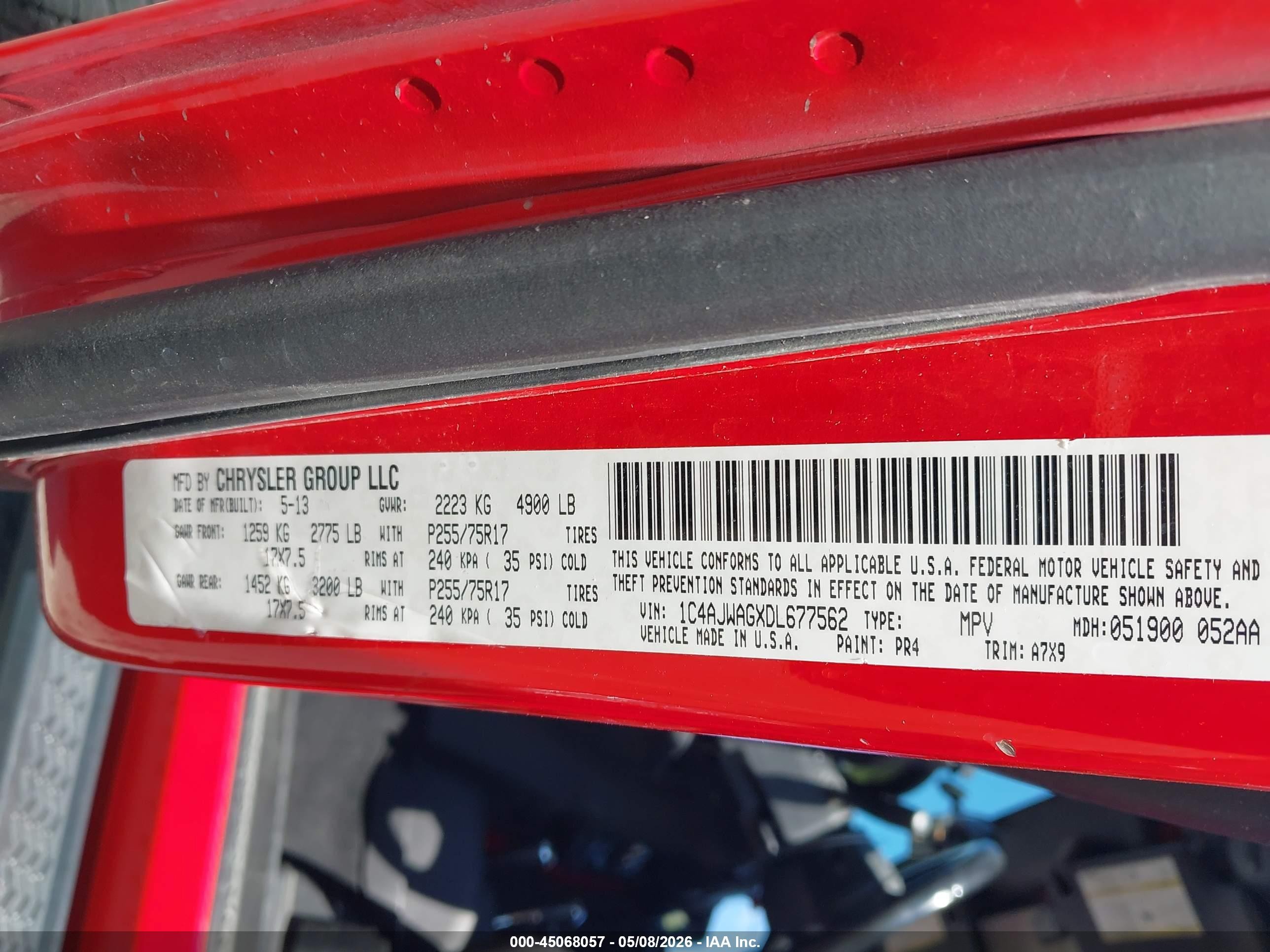 2013 Jeep Wrangler VIN 1C4AJWAGXDL677562 IAAI salvage auction — Side, Salvage (Utah), sold $5,450 on 2026-07-09 (photo 9)