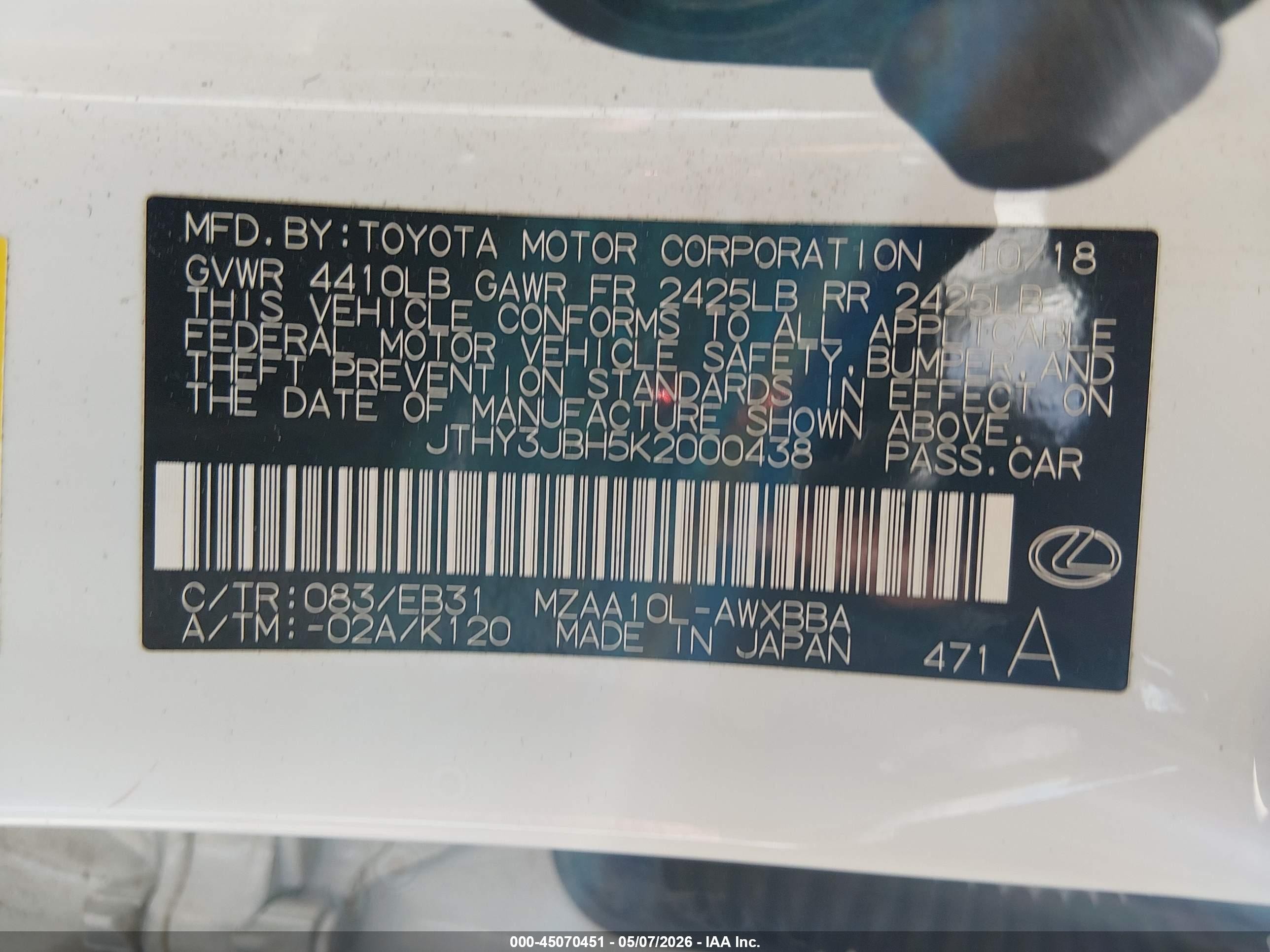 2019 Lexus Ux 200 VIN JTHY3JBH5K2000438 IAAI salvage auction — Front & Rear, Salvage (Idaho), sold $7,250 on 2026-05-29 (photo 9)