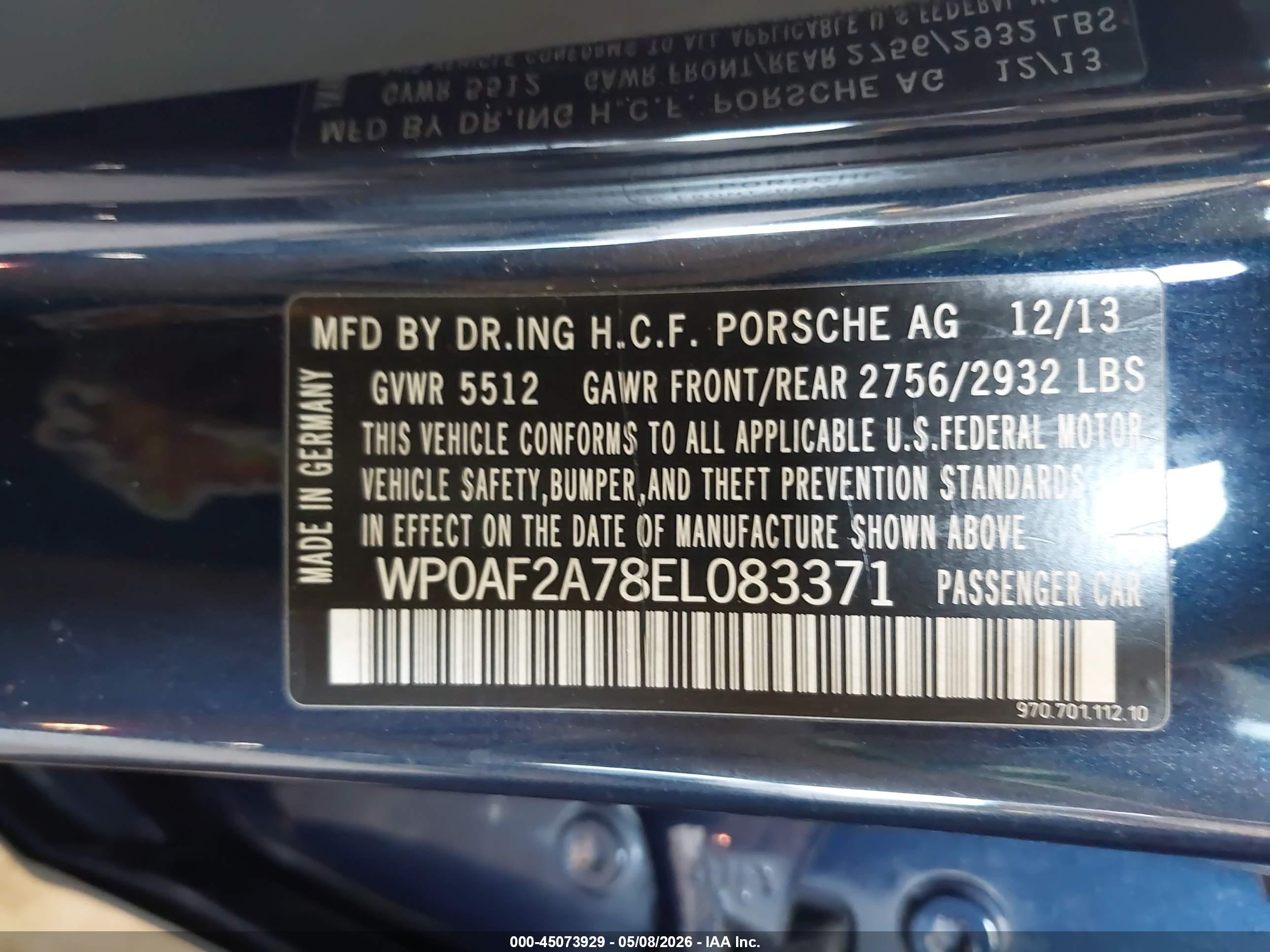 2014 Porsche Panamera VIN WP0AF2A78EL083371 IAAI salvage auction — Engine Damage, Salvage (Montana), sold $3,375 on 2026-07-07 (photo 9)